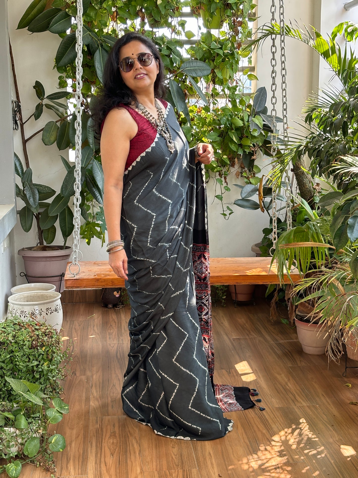 Kala Chasma Jachda - Needle Shibori Tie and Dye Pure Modal Saree With Ajrakh Hand Block Anchal and Blouse