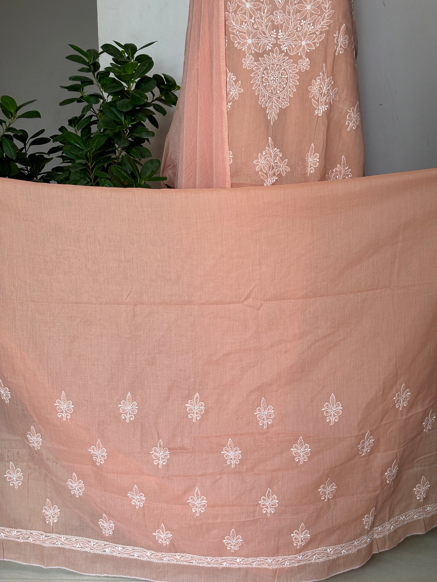 Peach Colour Chikankari Hand Embroidered Shirt and Bottom with Chiffon Dupatta