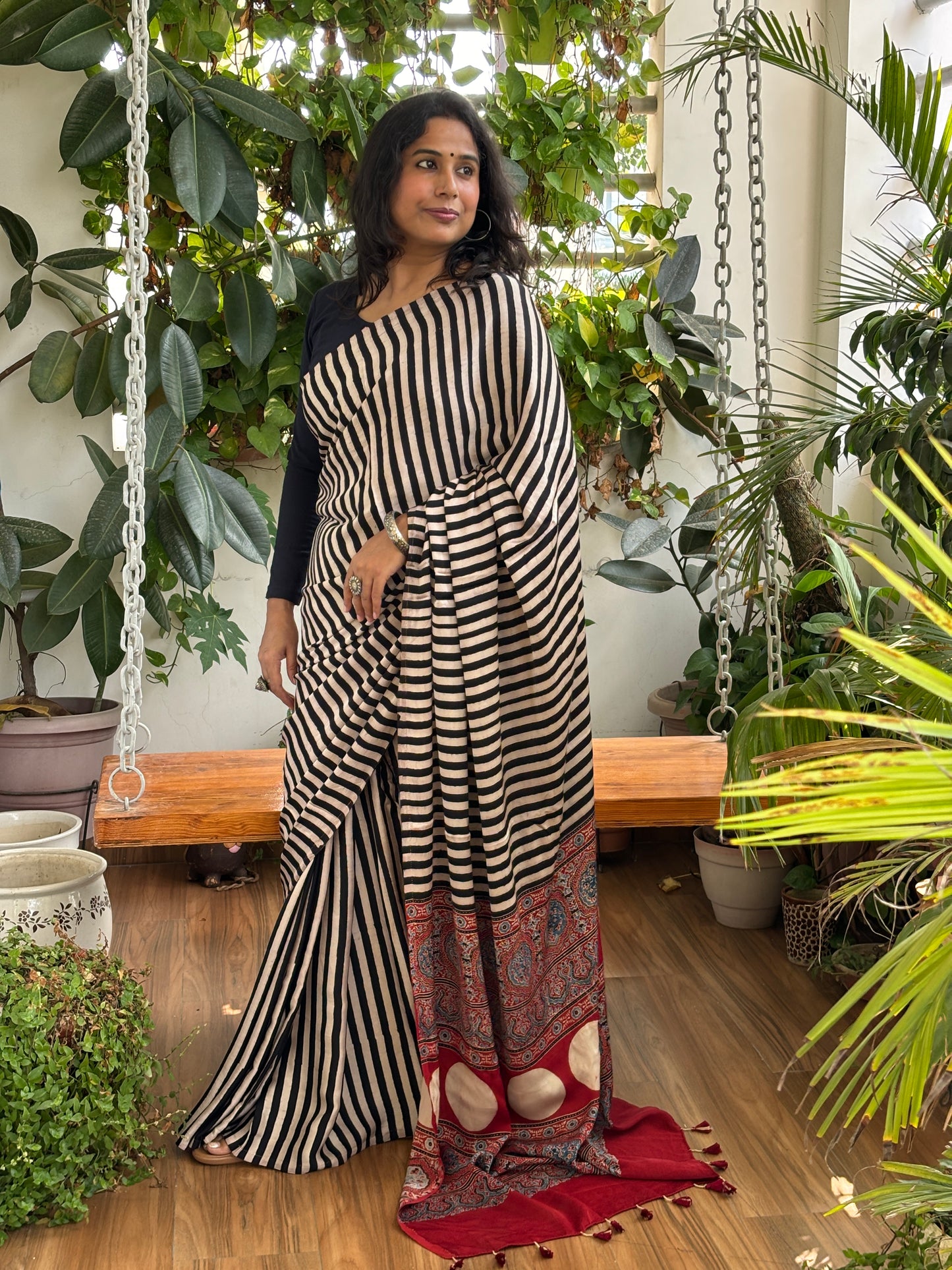 Raah Me Unse - Natural Dyed Madder and Pale Ivory Colour Contemporary Stripe Modal Saree