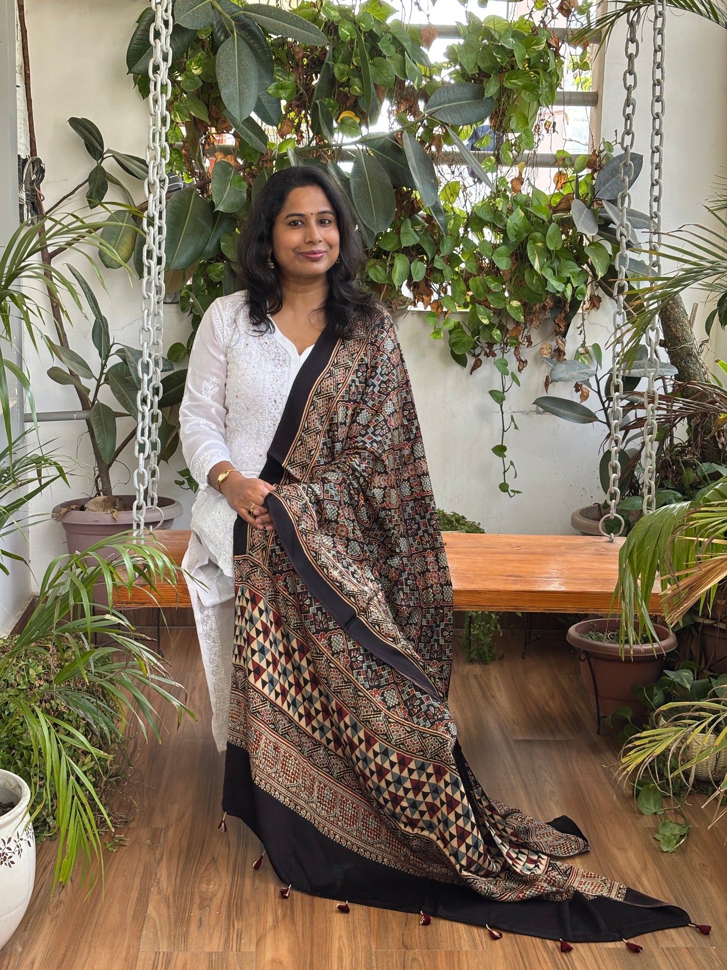Ajrakh Hand Block Printed Black Colour Square Floral Motif Dupatta