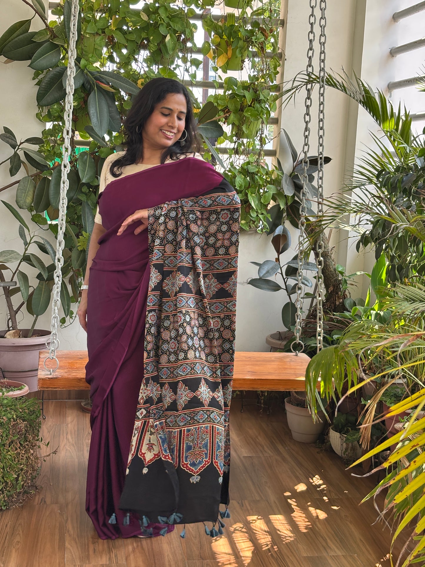 Crushed Berry- Wine Colour Body and Natural Dyed Ajrakh Anchal Premium Modal Saree