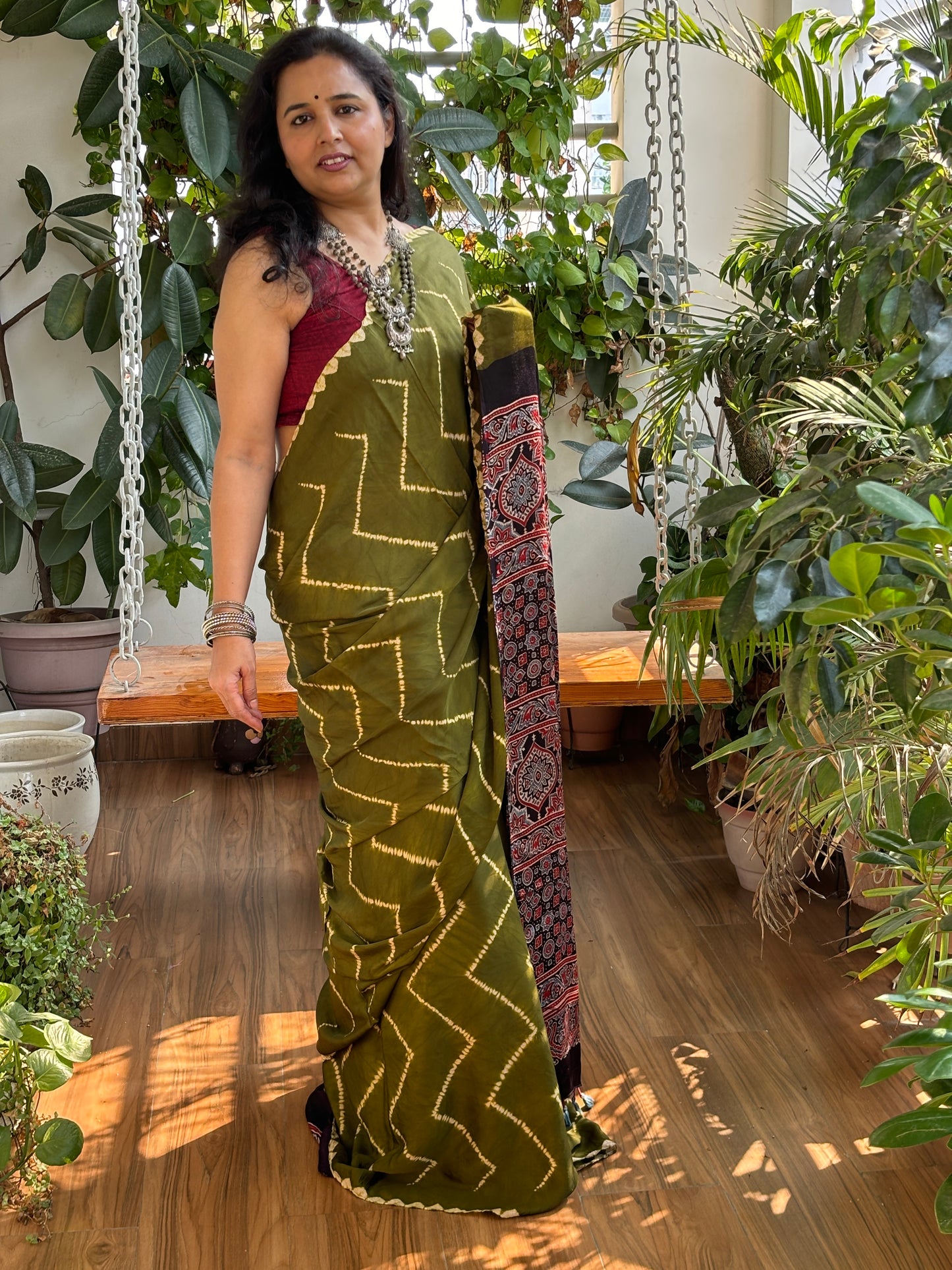 Mehndi Ki Raat - Needle Shibori Tie and Dye Pure Modal Saree With Ajrakh Hand Block Anchal and Blouse