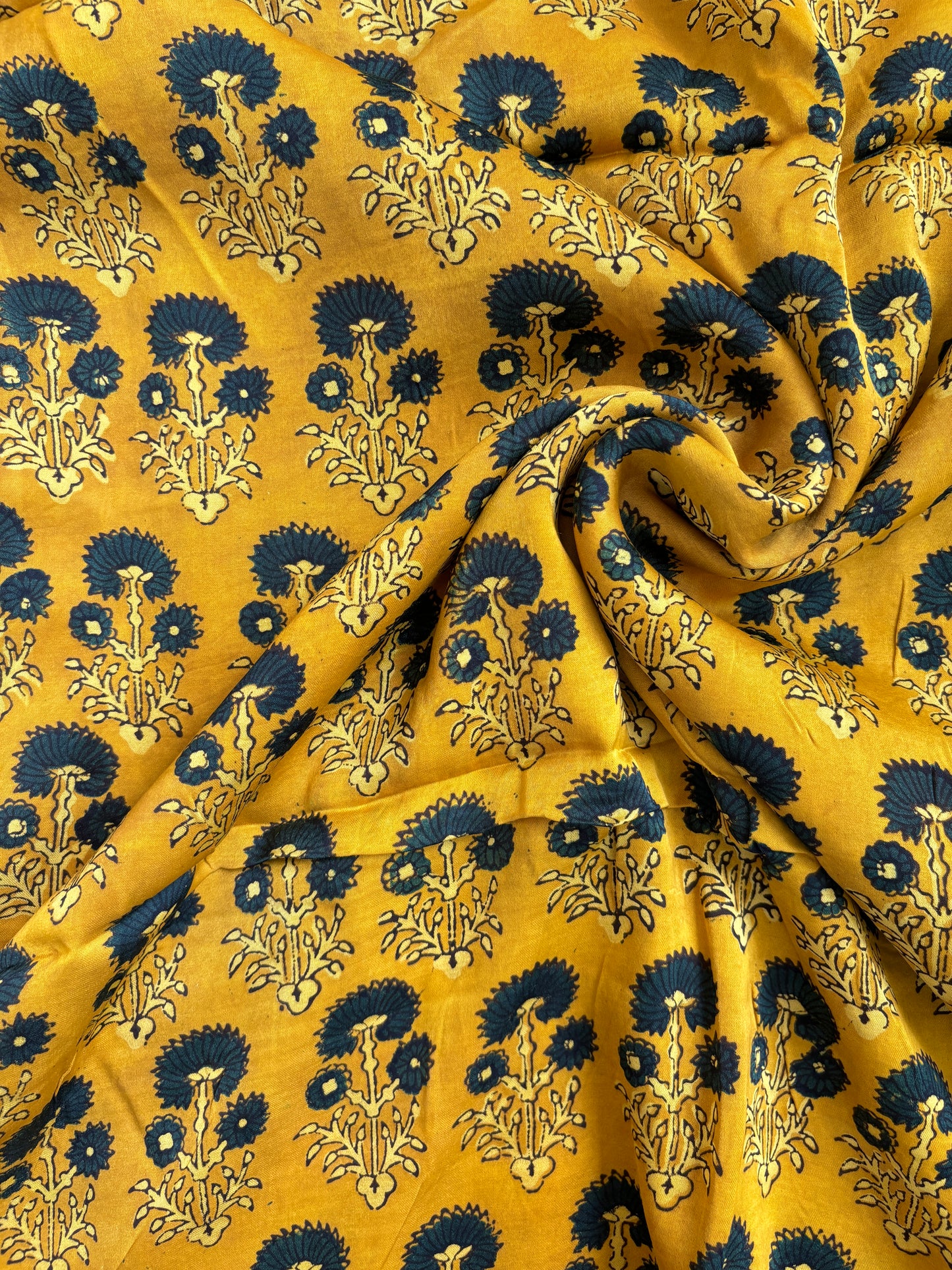 Natural Dyed Hand Block Ajrakh Marigold Block Printed Modal Fabric closer view