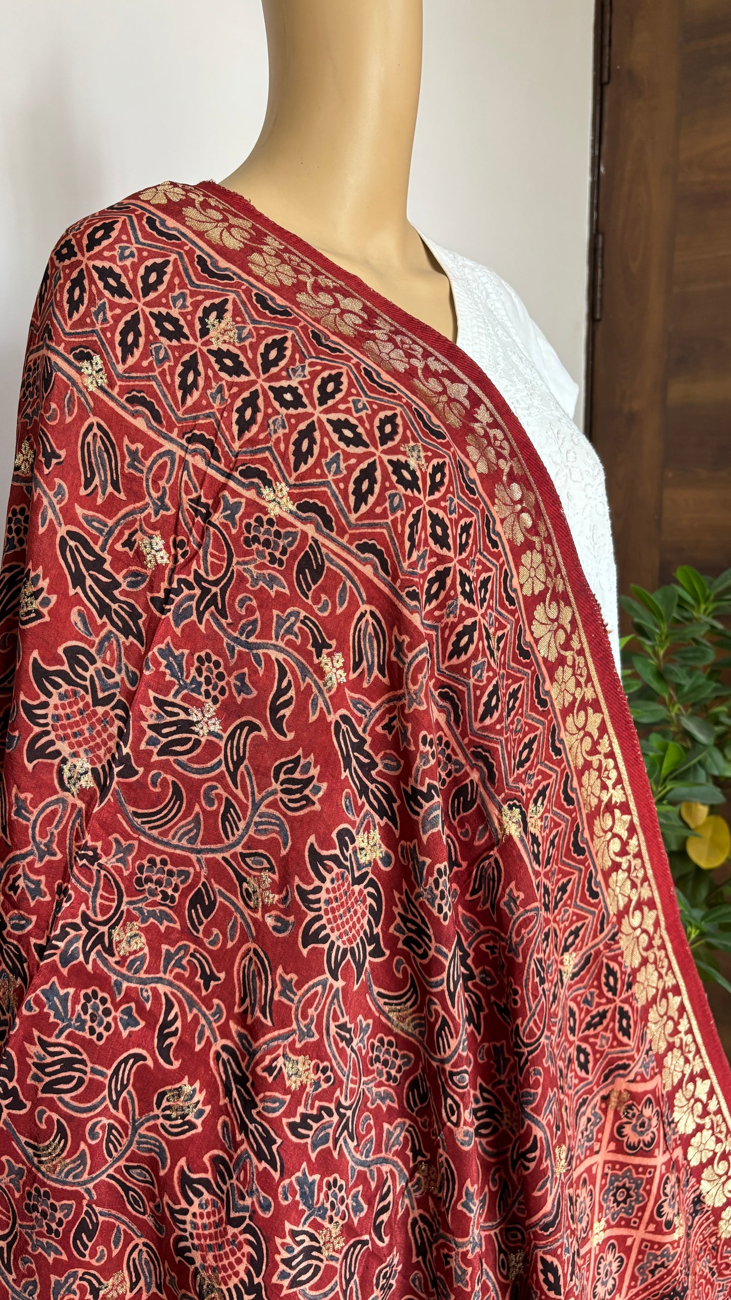 Natural Dyed Madder Colour - Hand Block Ajrakh Dola Silk Dupatta With Zari Weaved Border-7