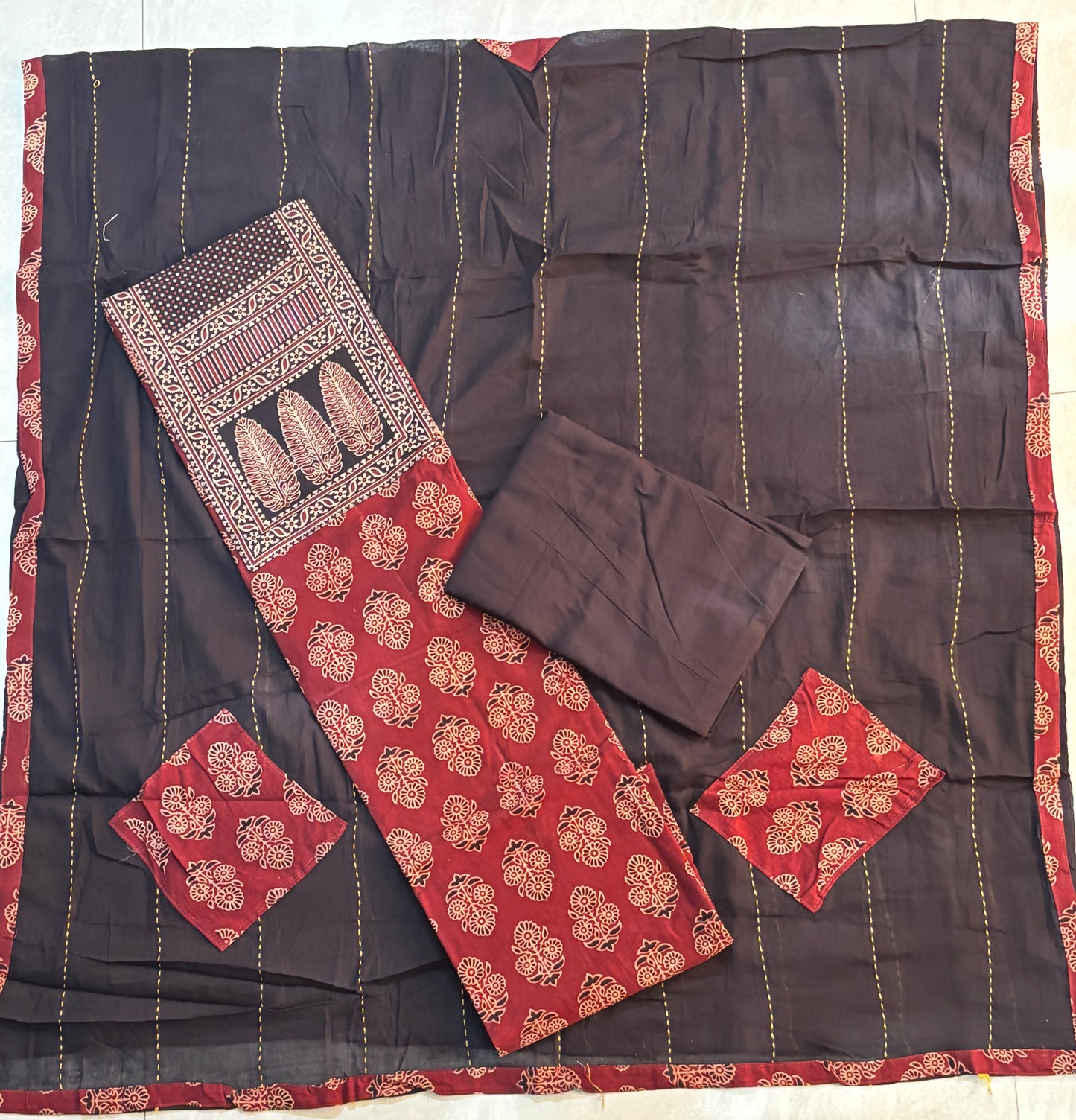 Red and Black Marigold Motif Cotton Unstitched Patch Work Yoke Fabric with Kantha and Applique Dupatta-6