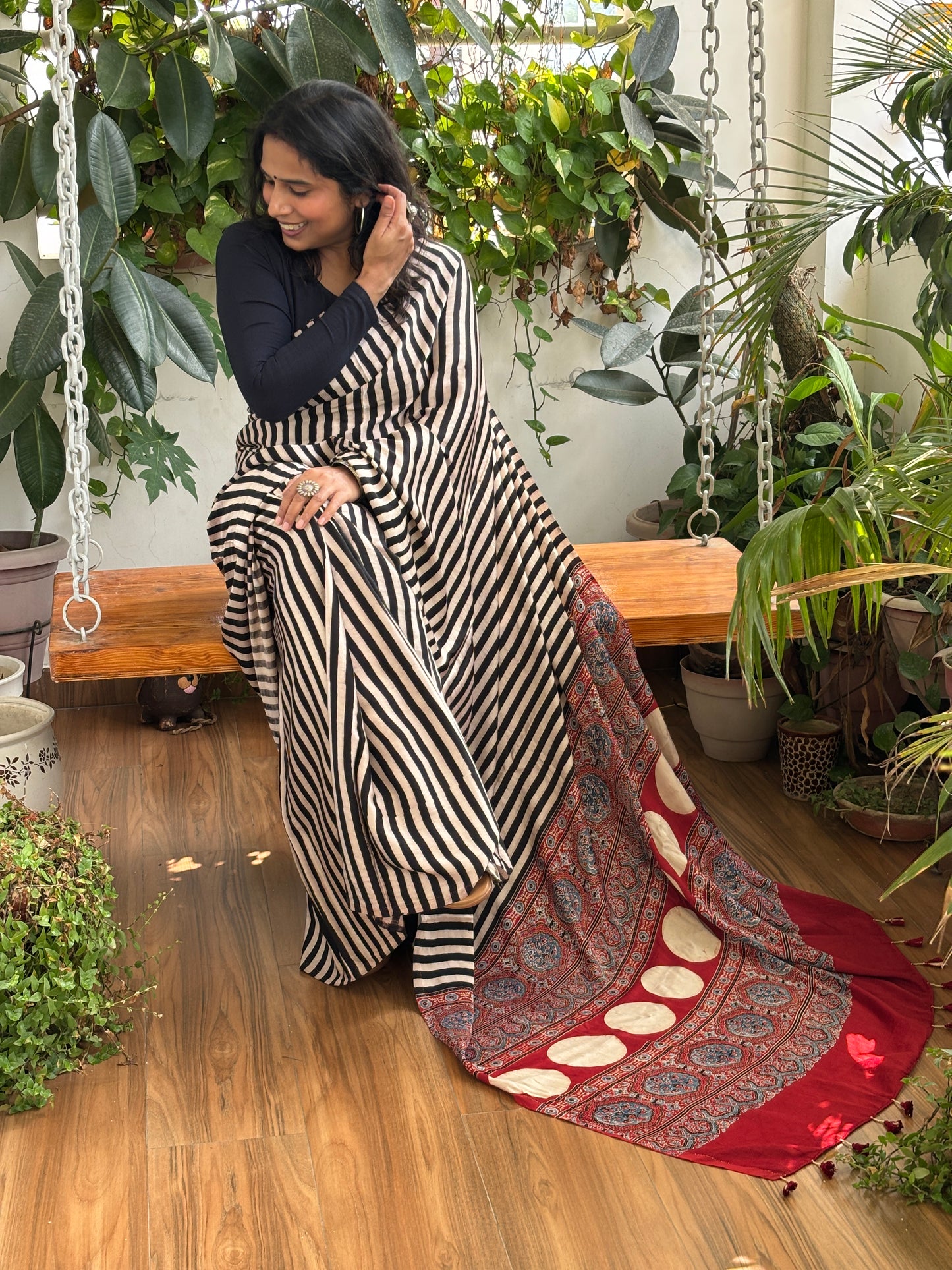 Raah Me Unse - Natural Dyed Madder and Pale Ivory Colour Contemporary Stripe Modal Saree