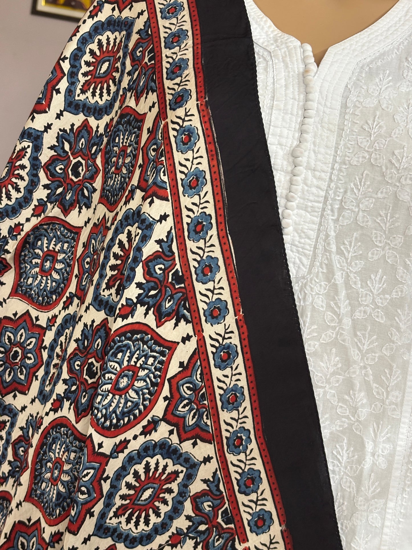Pale Ivory Colour Natural Dyed Ajrakh Badambuta Stole