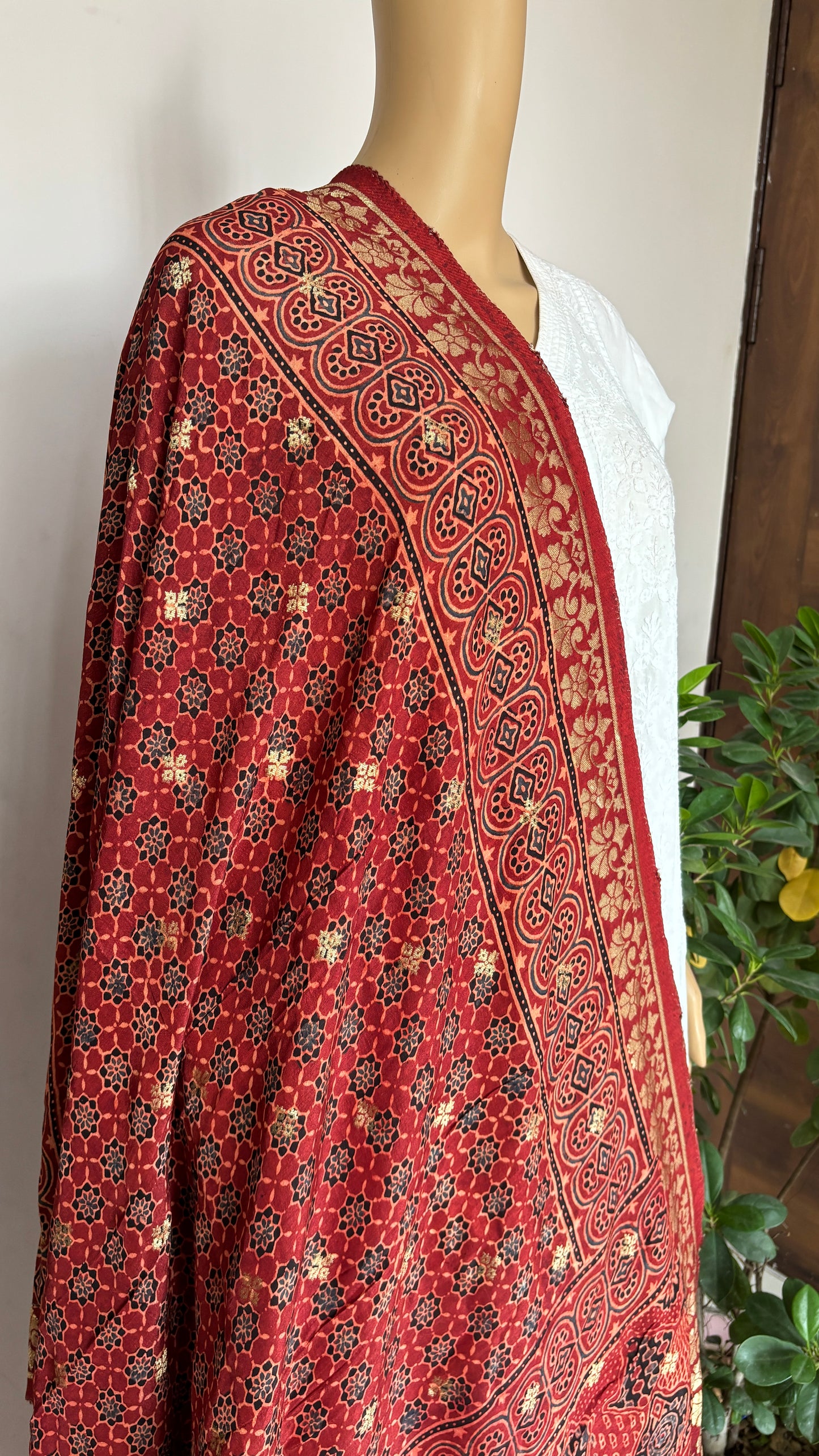 Natural Dyed Madder Colour - Hand Block Ajrakh Dola Silk Dupatta With Zari Weaved Border-8