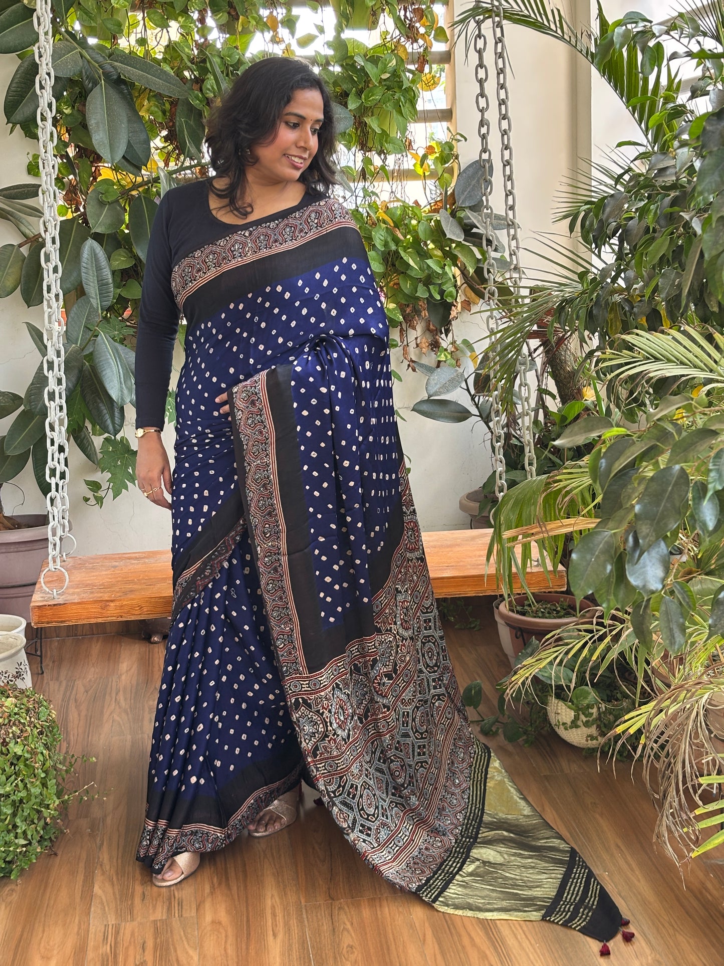 Neela Asman - Hand Bandhej Body and Ajrakh Hand Block Anchal and Border Modal Gaji Silk Saree