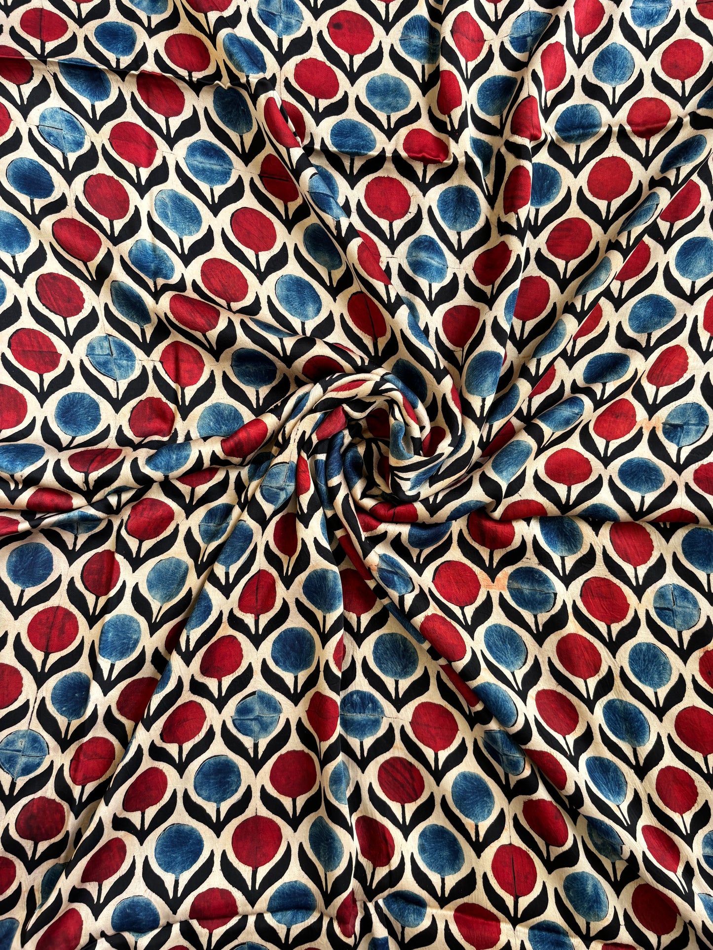 Pale Ivory Colour Natural Dyed Ajrakh Hand Block Printed Indigo and Red Bud Motif Modal Fabric