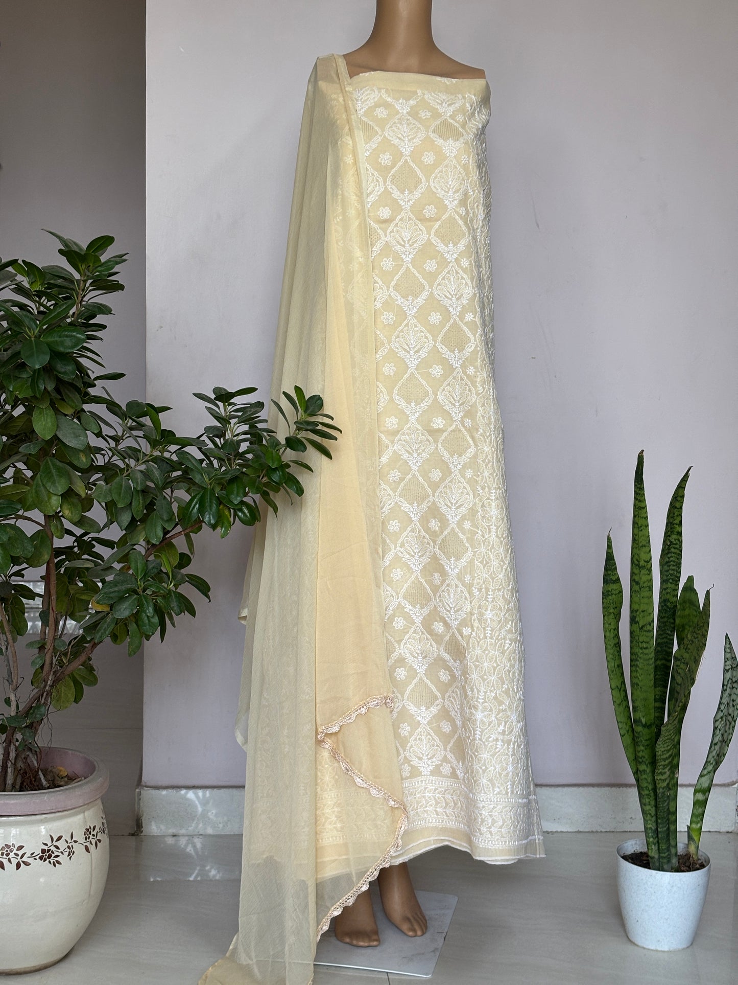 Beige Colour Chikankari Hand Embroidered Cotton Shirt, Bottom and Chiffon Dupatta