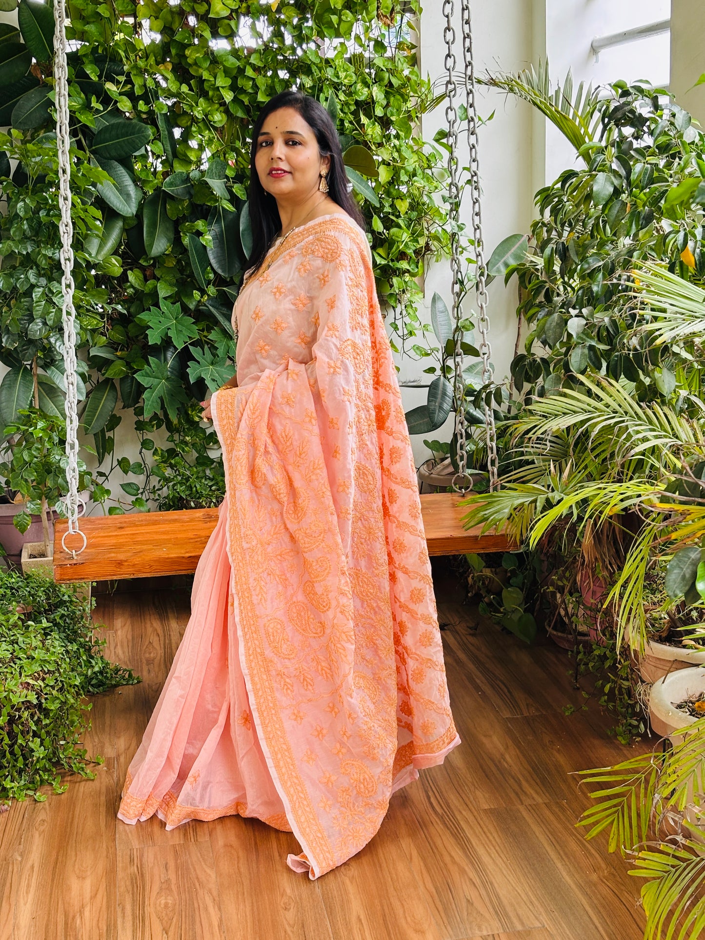 Peach Pink Colour Light Chrushed Candri Cotton Chikankari Hand Embroidered Saree