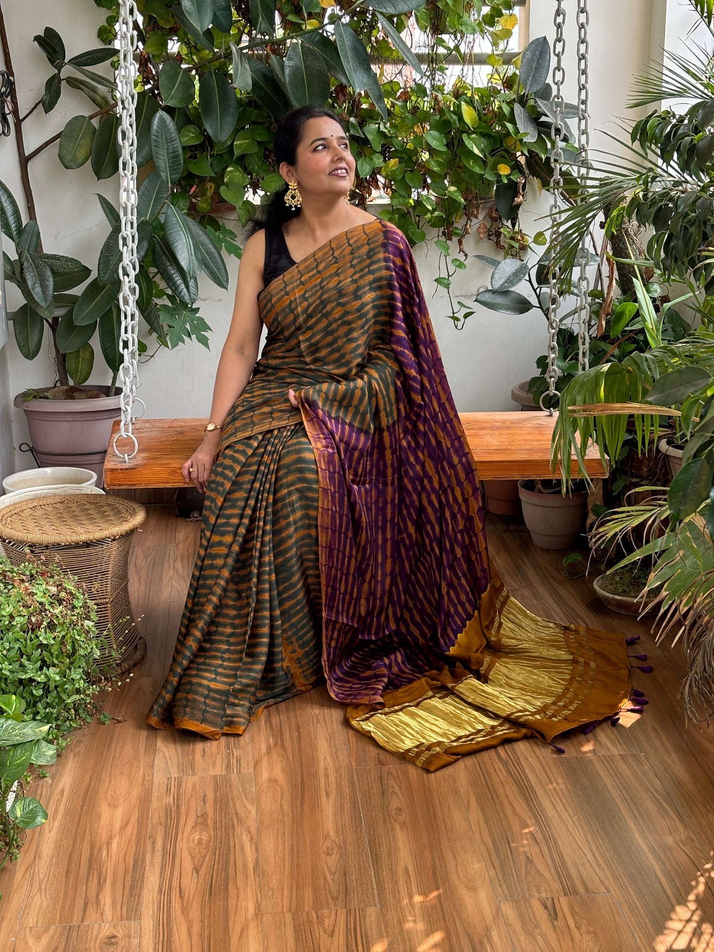 Alpine Green - Hand Shibori Tie and Dye Pure Modal Saree With Lakdi Patta Anchal