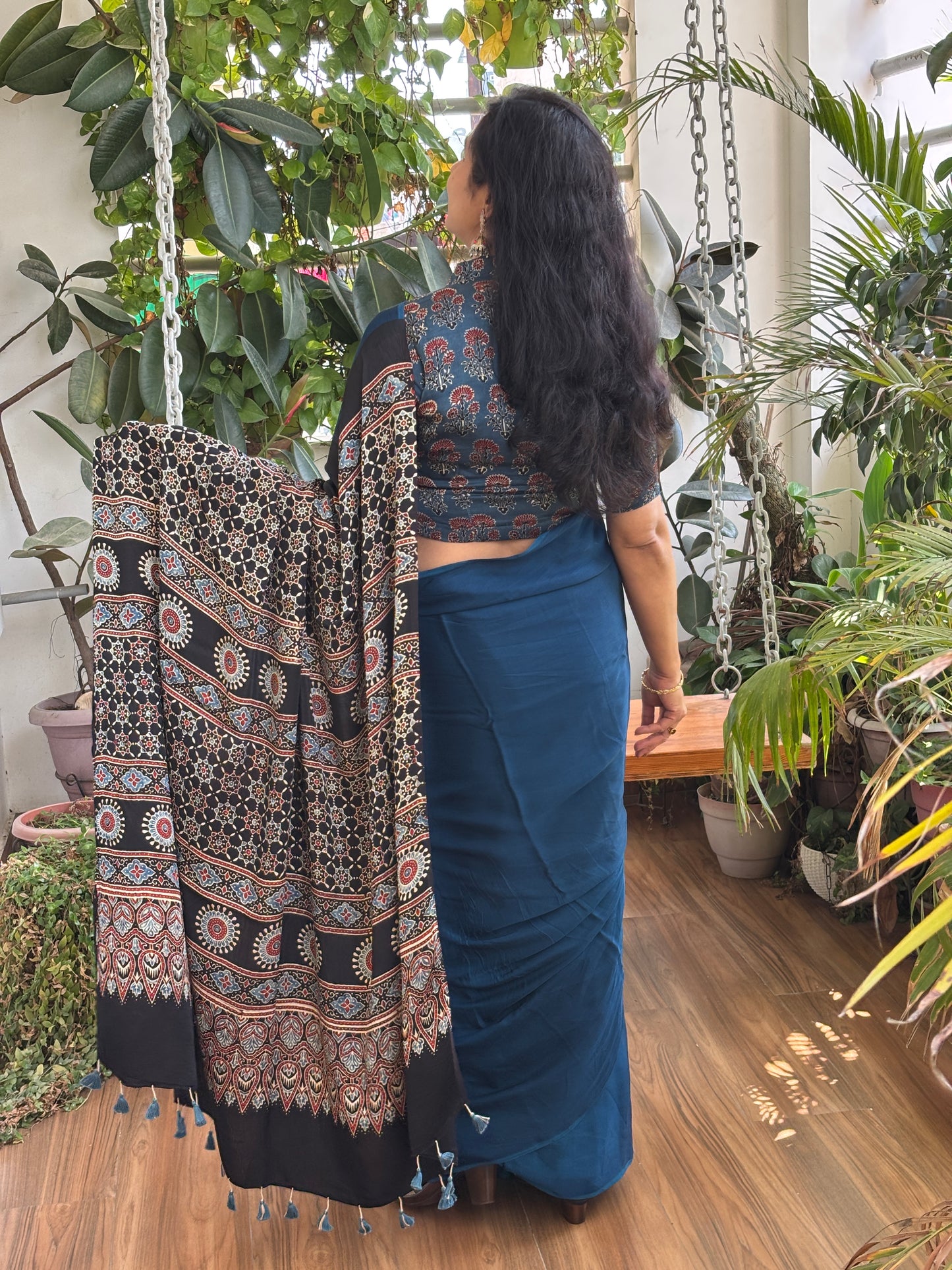 Sindhu - Blue Colur Body and Natural Dyed Ajrakh Anchal Premium Modal Saree