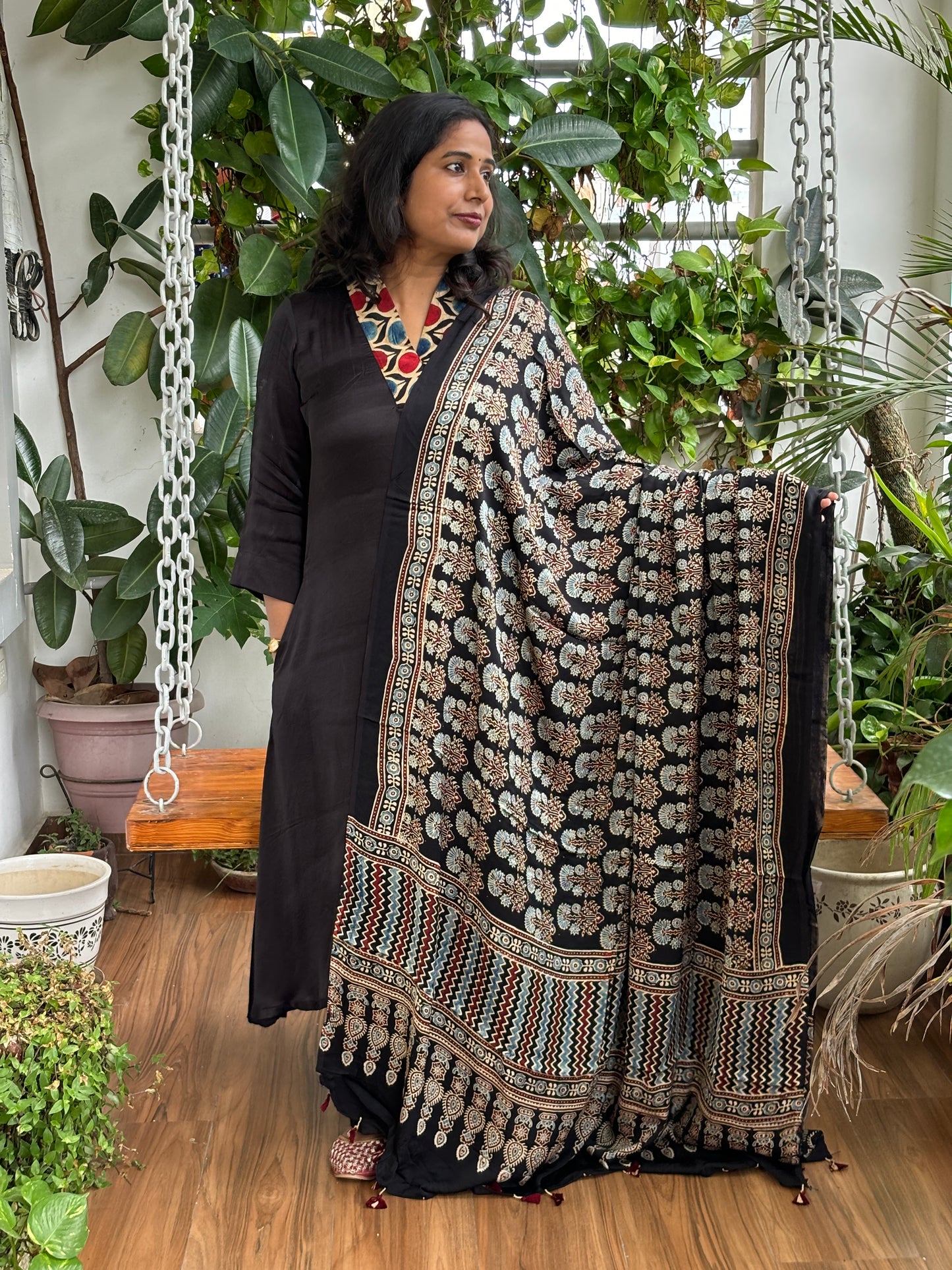 Ajrakh Modal Black Dupatta- Natural Dyed Hand-block Printed Marigold Motif Dupatta