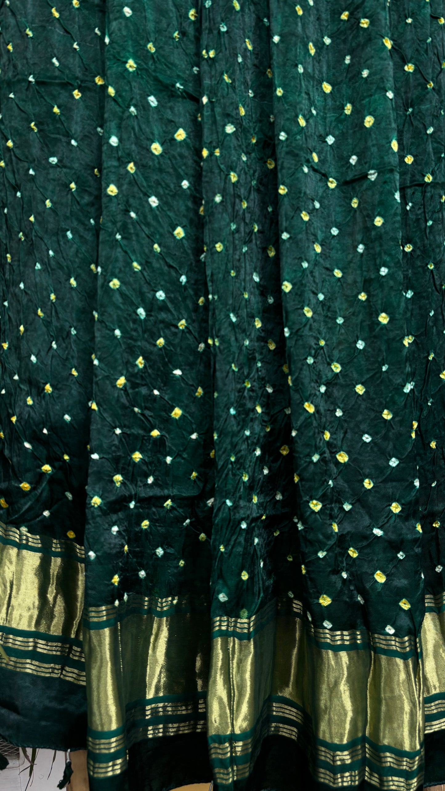 Moss Green colour hand Bandhej Modal Dupatta with Yellow Bandhej and Tissue Palla