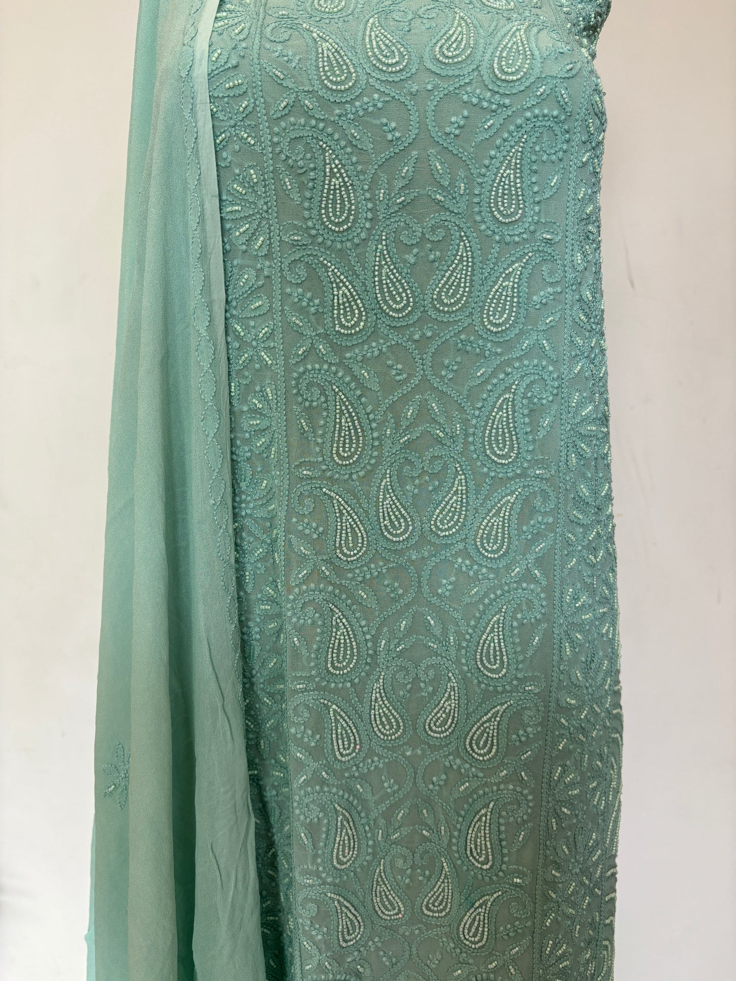 Green Intricate Chikankari Hand Embroidered Shirt and Dupatta Fabric Adorned With Beads Work