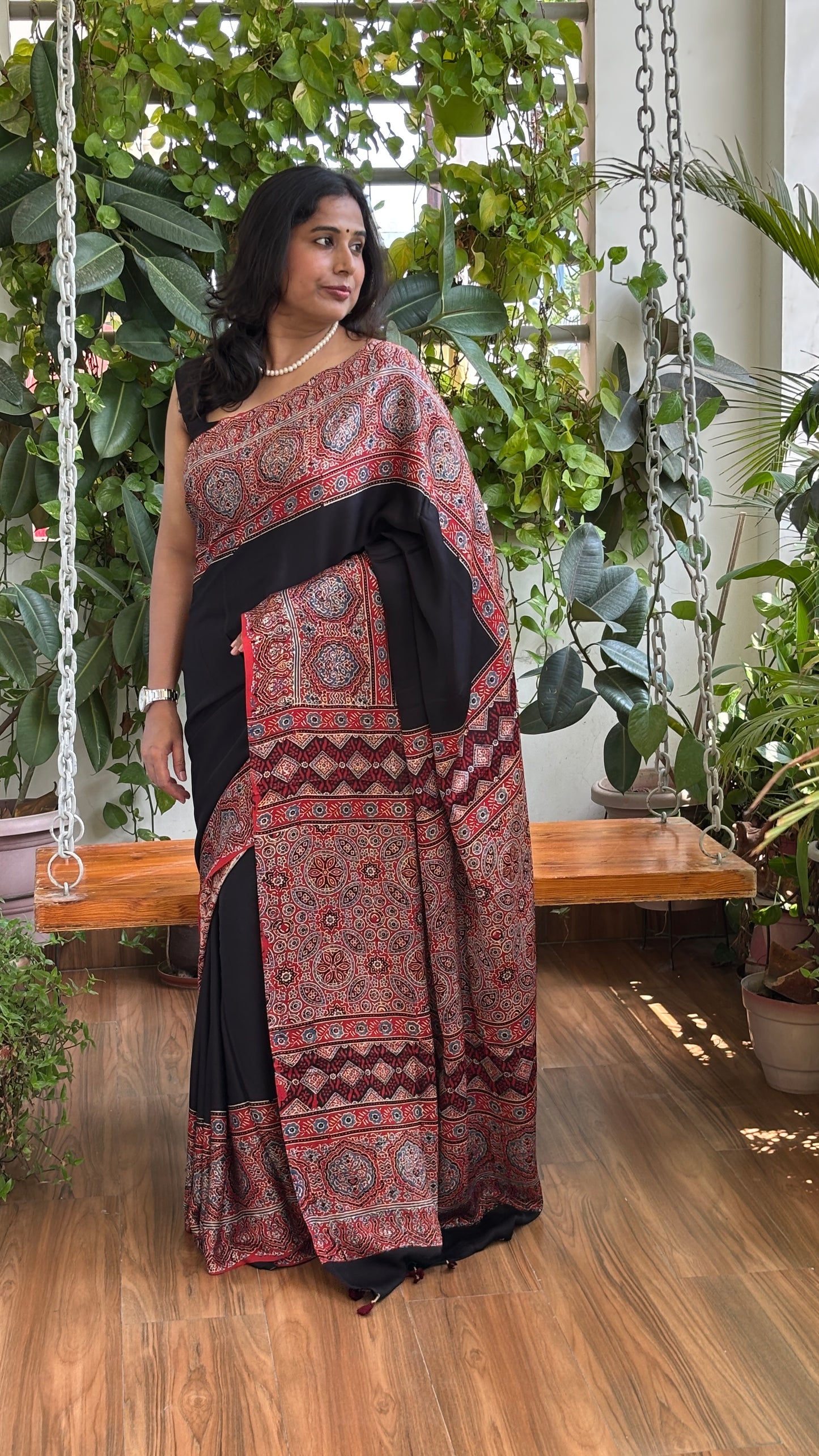 Dhoop - Natural Dyed Black And Madder Colour Ajrakh Modal Saree with Traditional Motifs