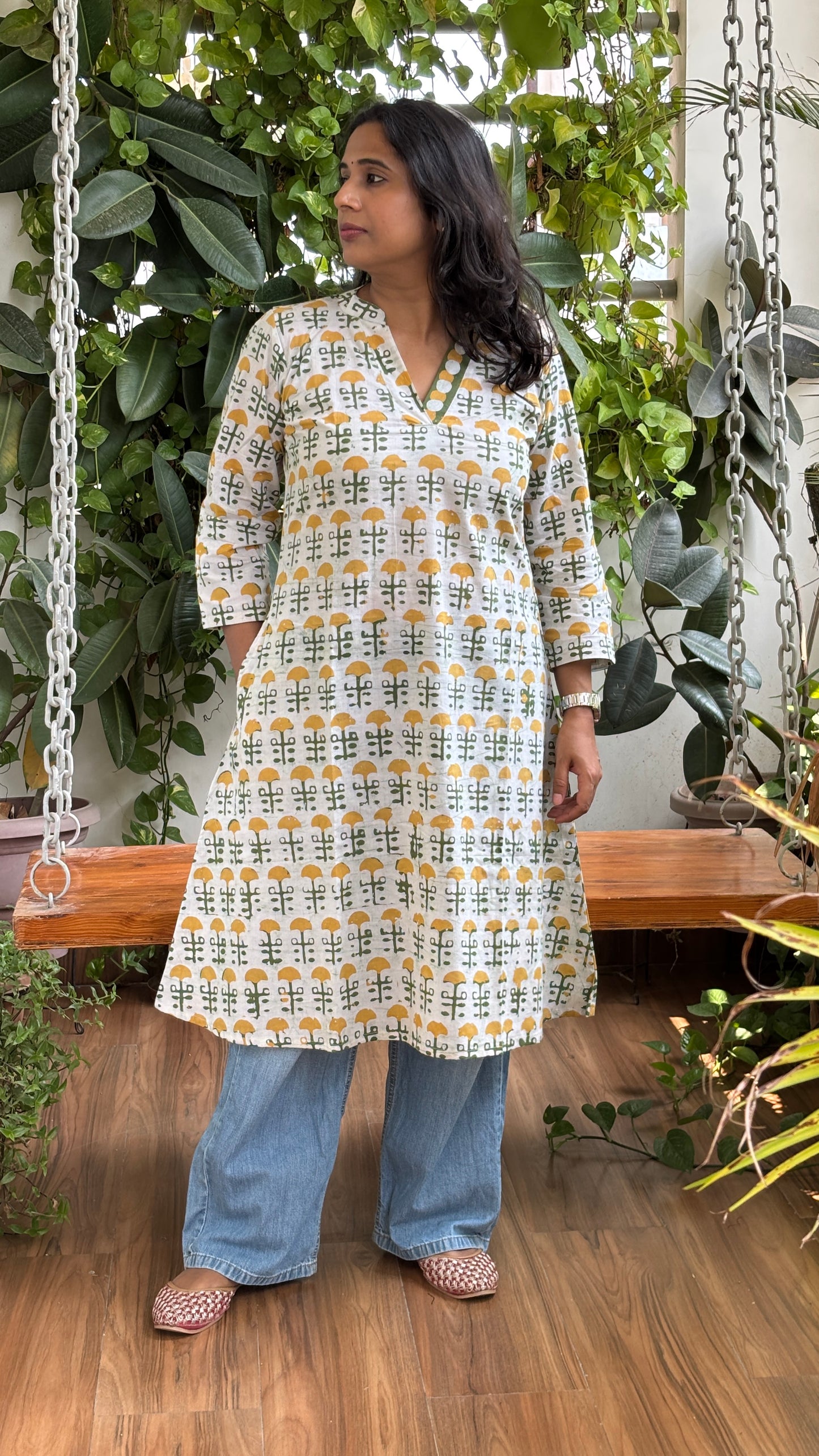 Asma Off White and Yellow Batik Cotton A Line Long Kurta