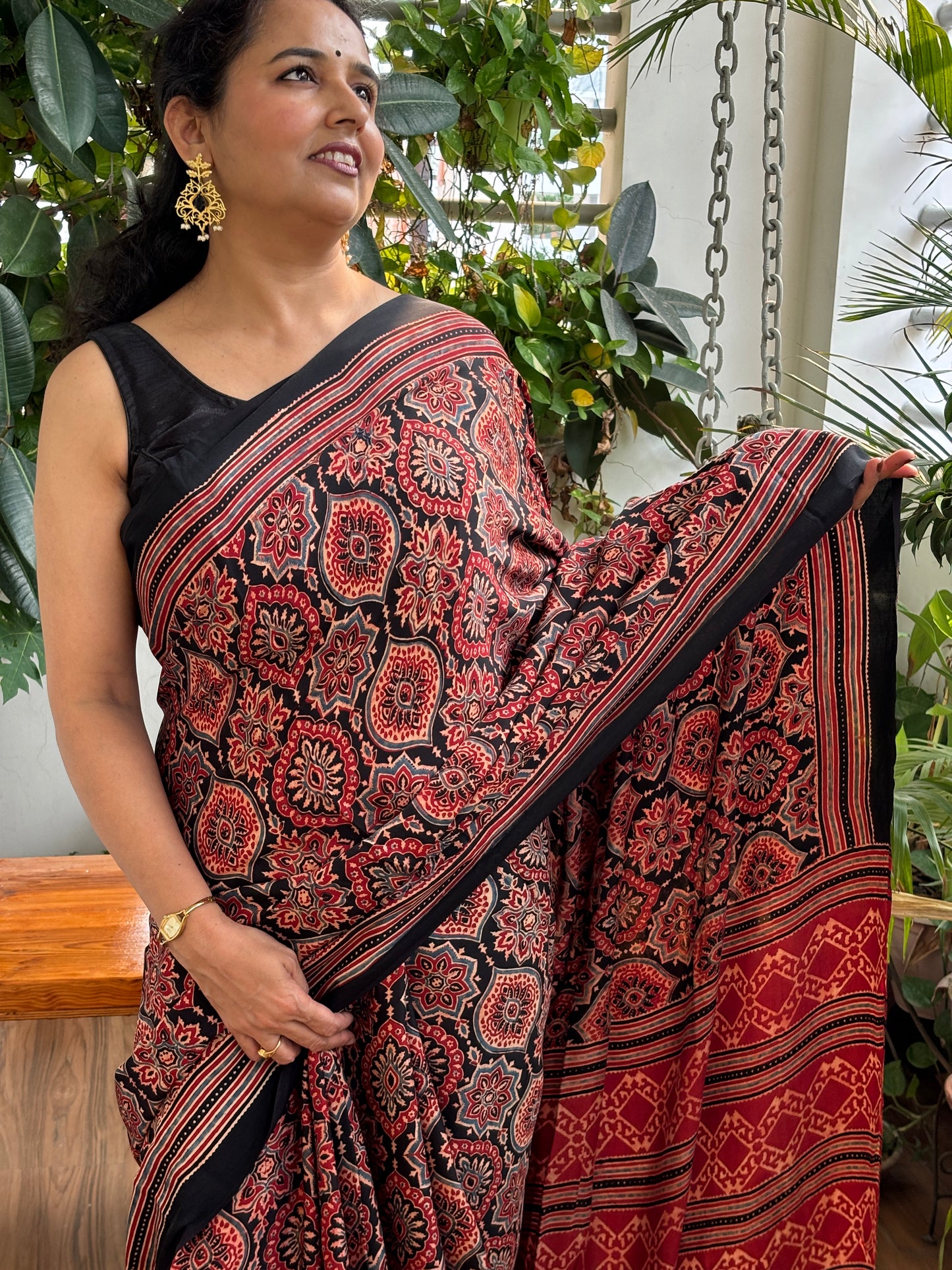 Black Coffee - Natural Dyed Ajrakh Balck and Madder Colour Badambuta Motif Modal Saree
