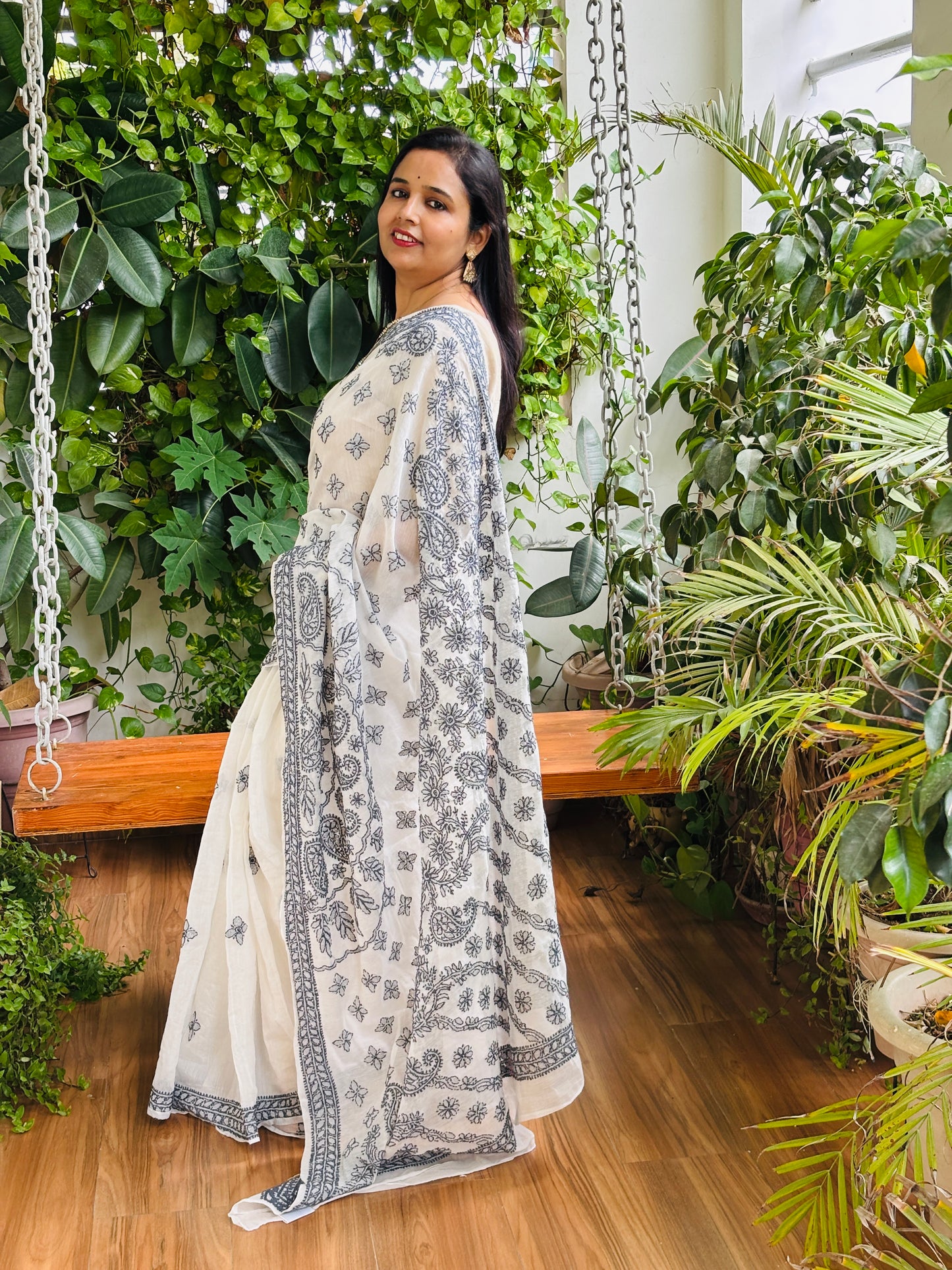 White Colour Chrushed Candri Cotton Chikankari Hand Embroidered Saree