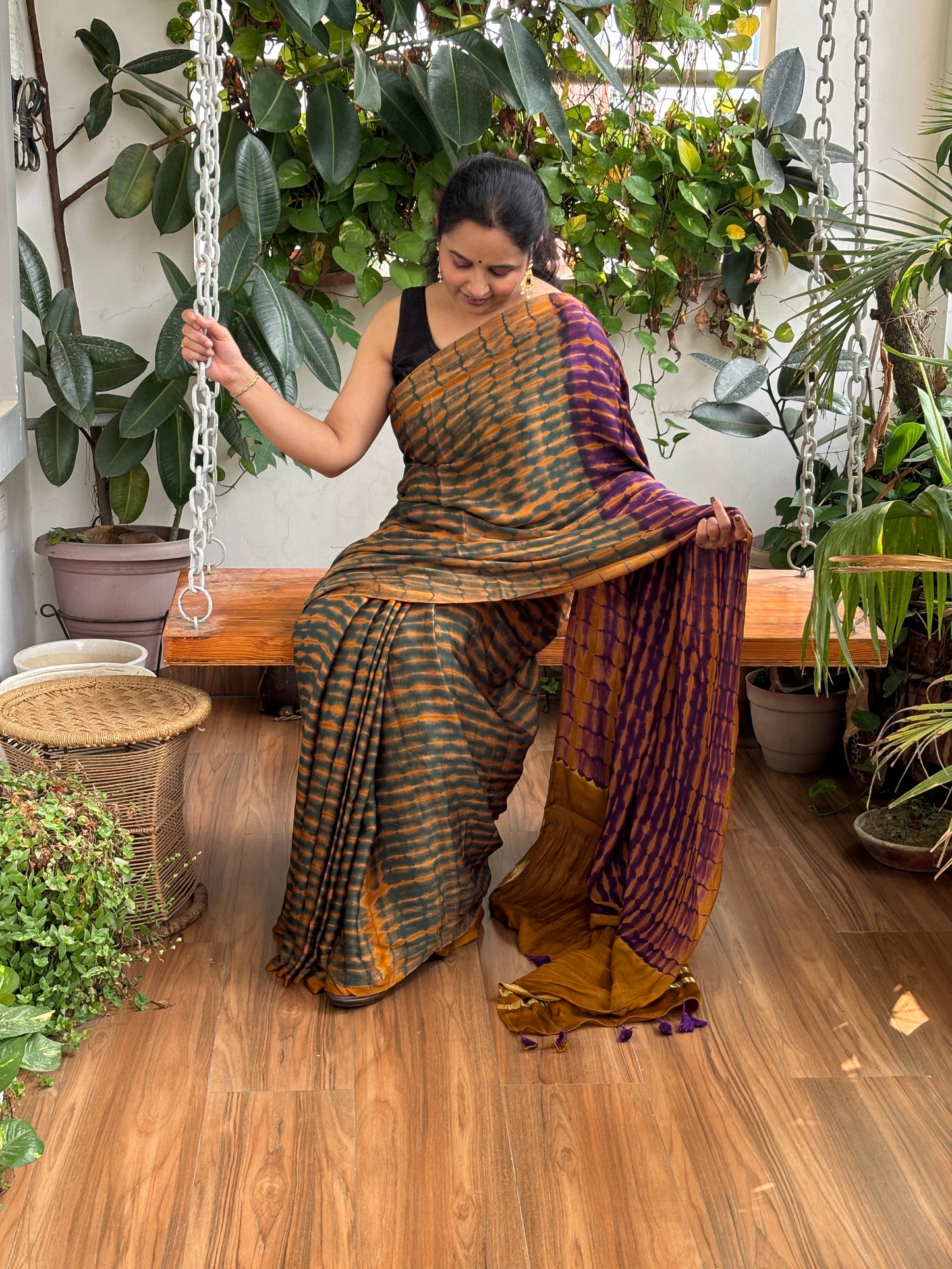 Alpine Green - Hand Shibori Tie and Dye Pure Modal Saree With Lakdi Patta Anchal