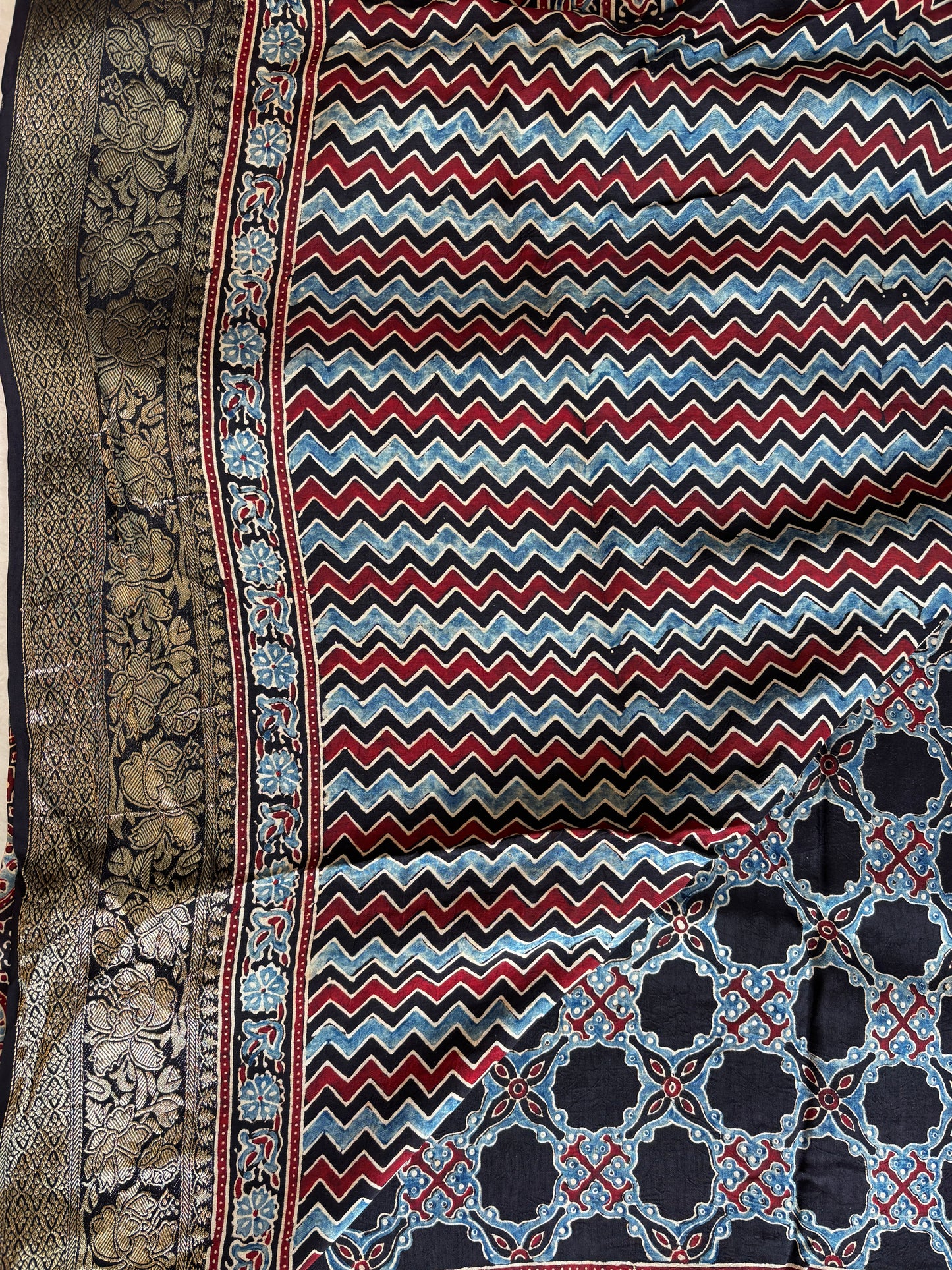 Black and Madder Colour Ajrakh Saree In Dola Silk