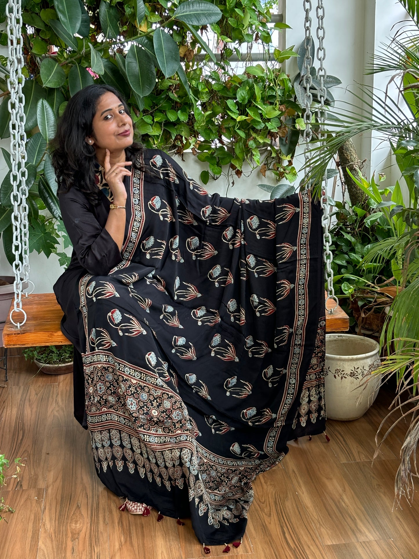 Ajrakh Modal Black Big Floral Stalk Contemporary Dupatta