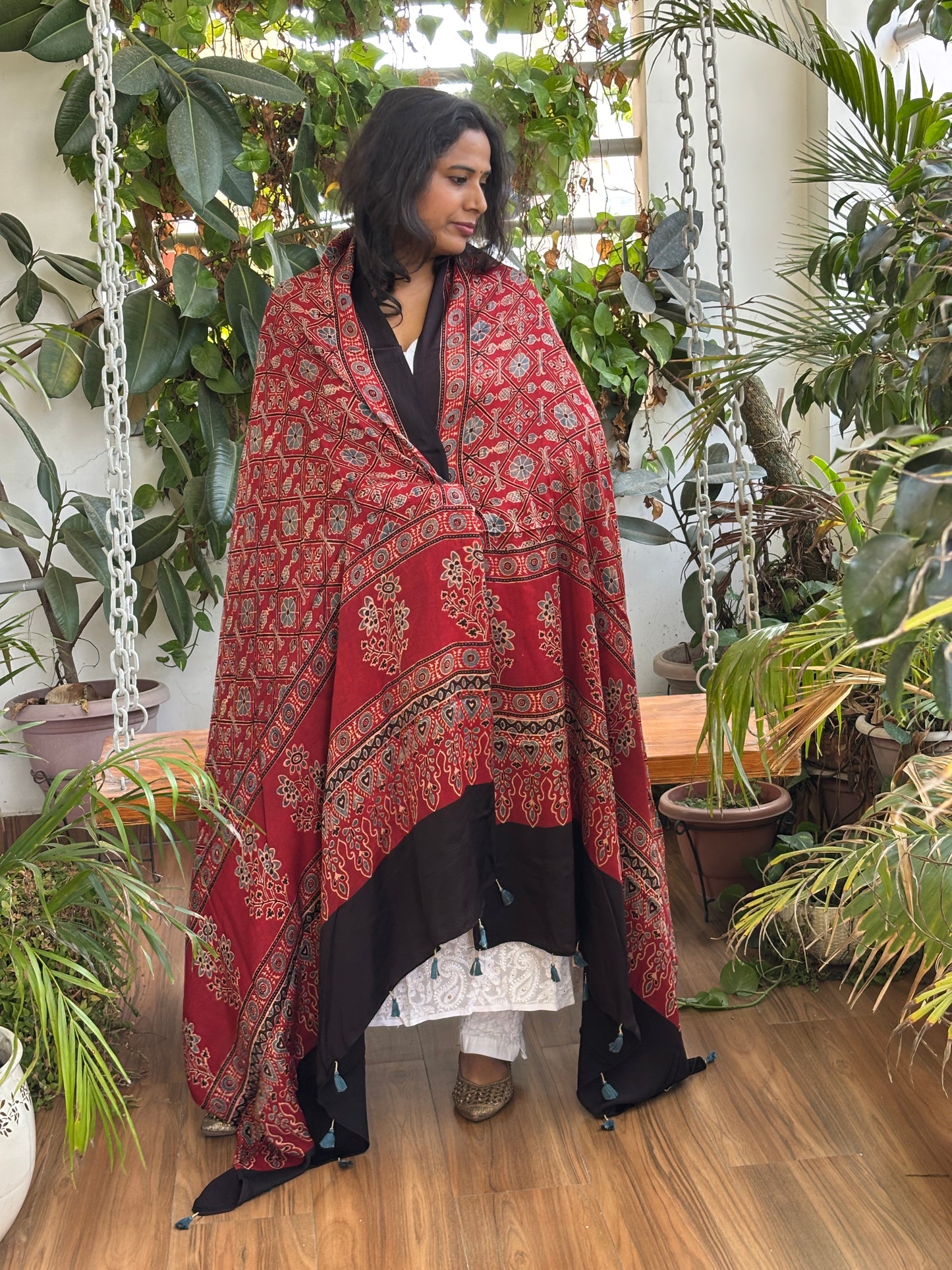Ajrakh Madder Natural Dyed Modal Dupatta Contemporary Box and Floral Motif Dupatta