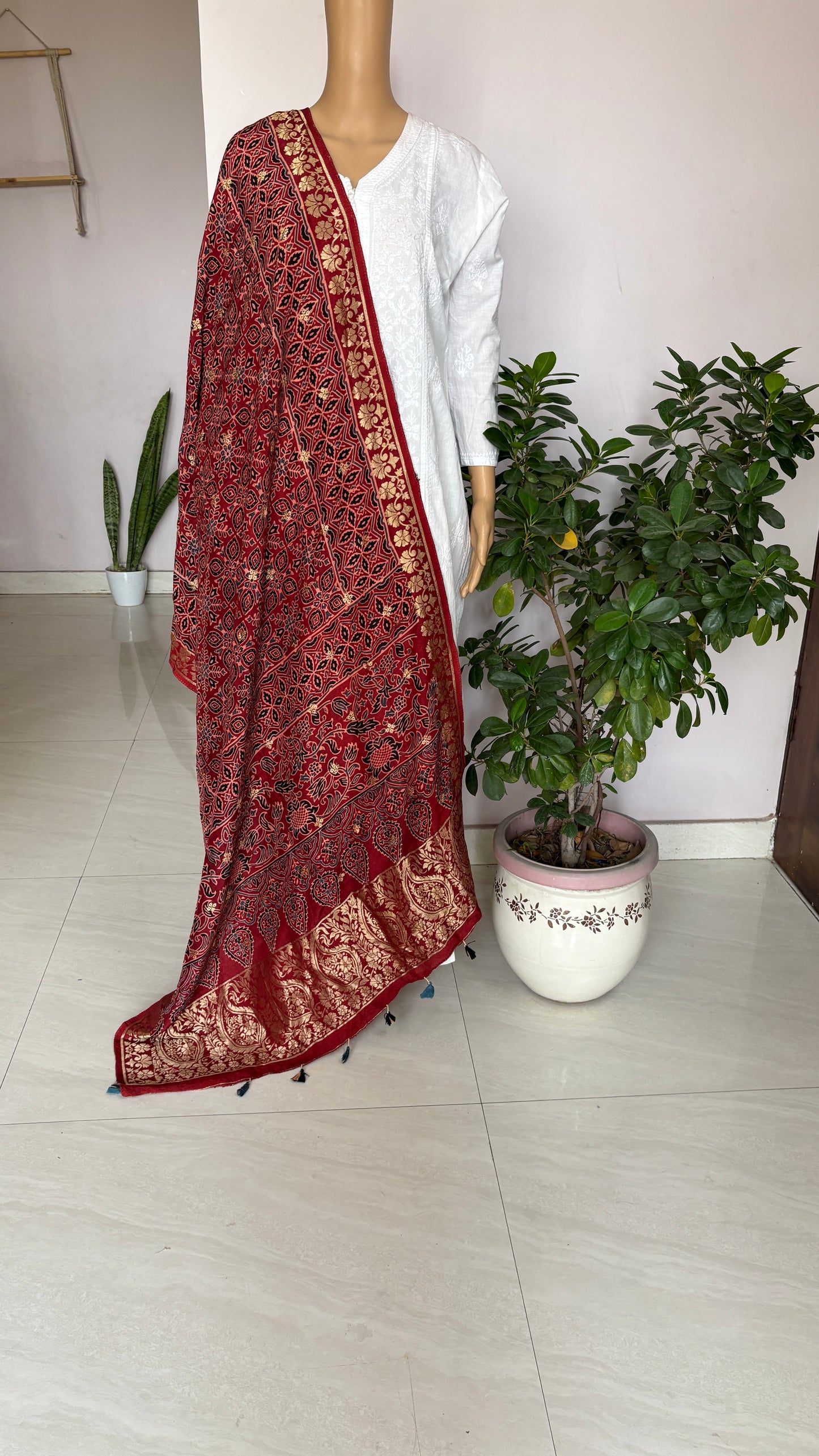 Natural Dyed Madder Colour - Hand Block Ajrakh Dola Silk Dupatta With Zari Weaved Border-3
