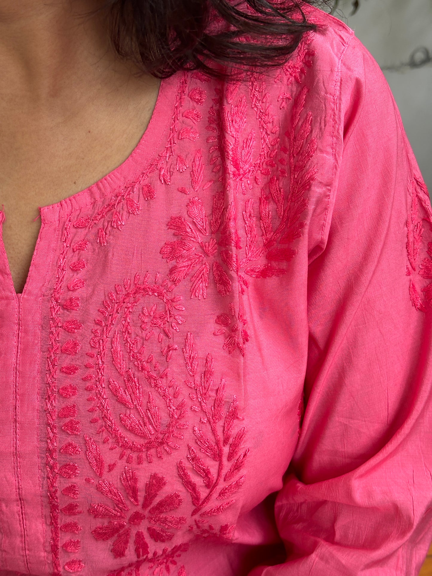 Bubblegum Pink Chanderi Chikan Hand Embroidered Kurti