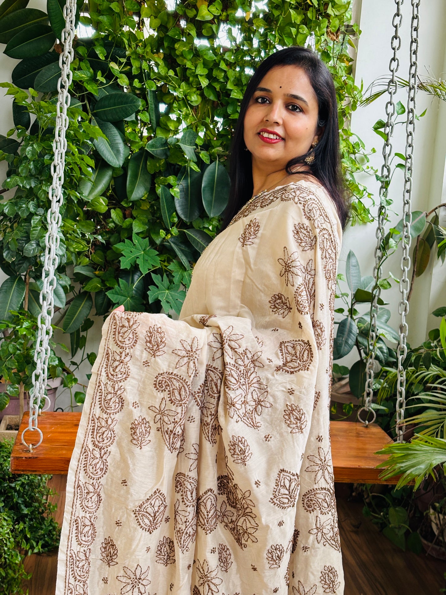 Pale Ivory Light Chrushed Candri Cotton Chikankari Hand Embroidered Saree
