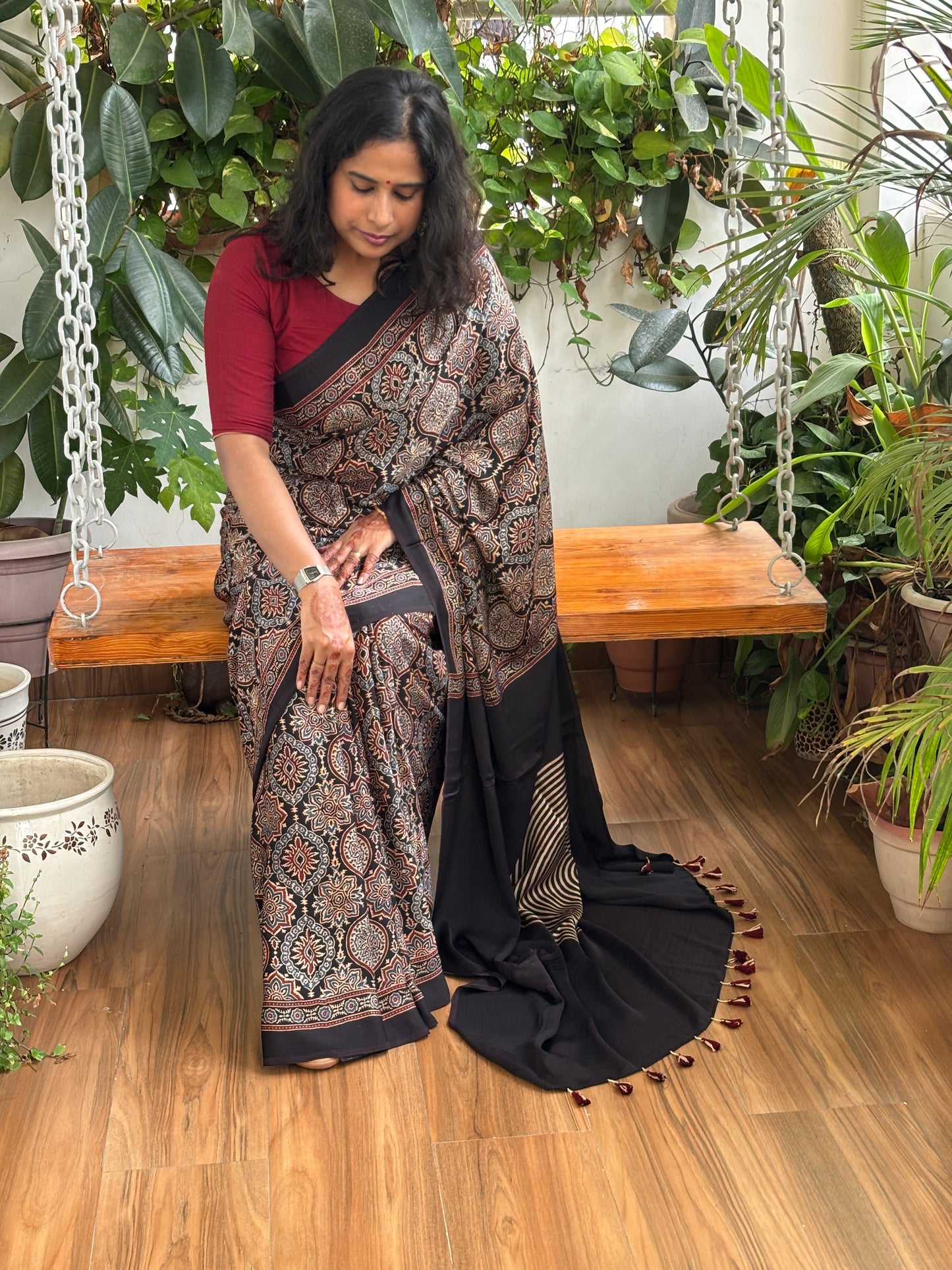 Mausam Ka Jaadu - Natural Dyed Black Colour Ajrakh Traditional Motif Saree with Contemporary Anchal