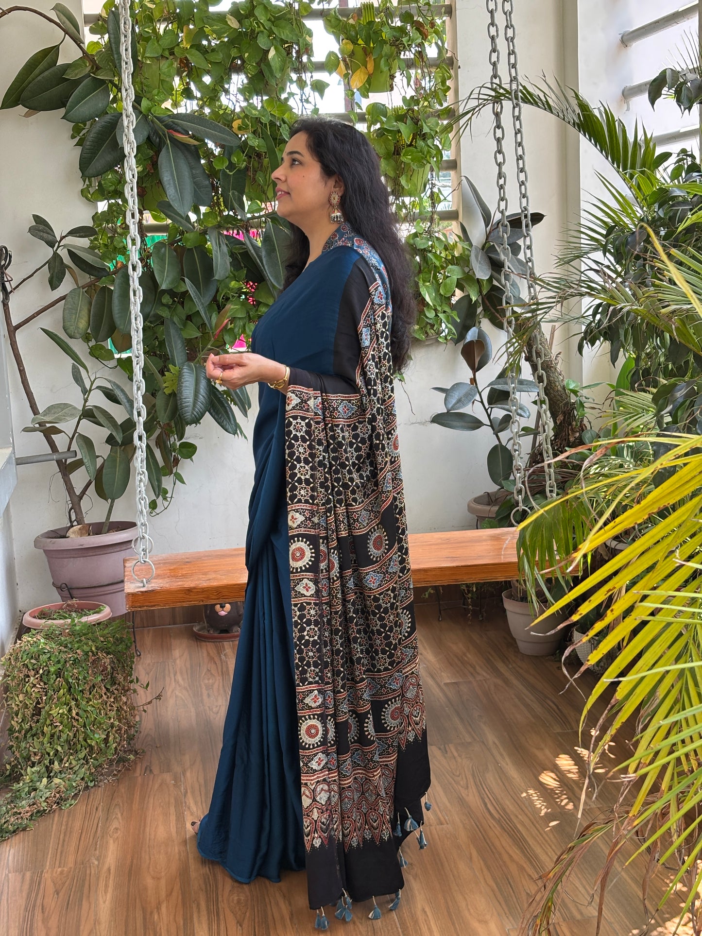 Sindhu - Blue Colur Body and Natural Dyed Ajrakh Anchal Premium Modal Saree