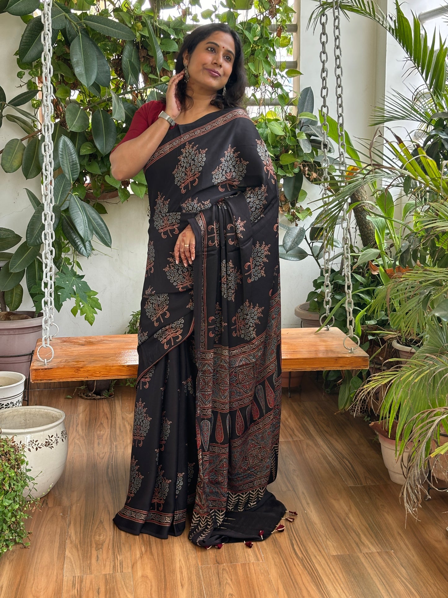 Vatika - Natural Dyed Black Colour Ajrakh Shrub Motif Modal Saree