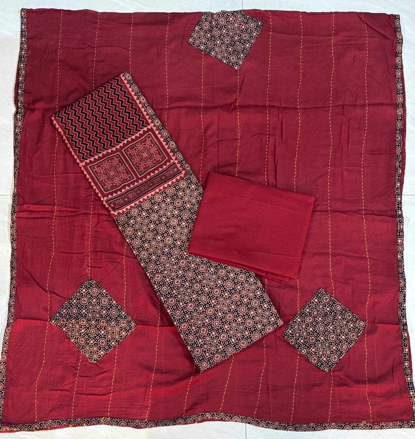 Black and Red Geometrical Printted Cotton Unstitched Patch Work Yoke Fabric with Kantha and Applique Dupatta-2