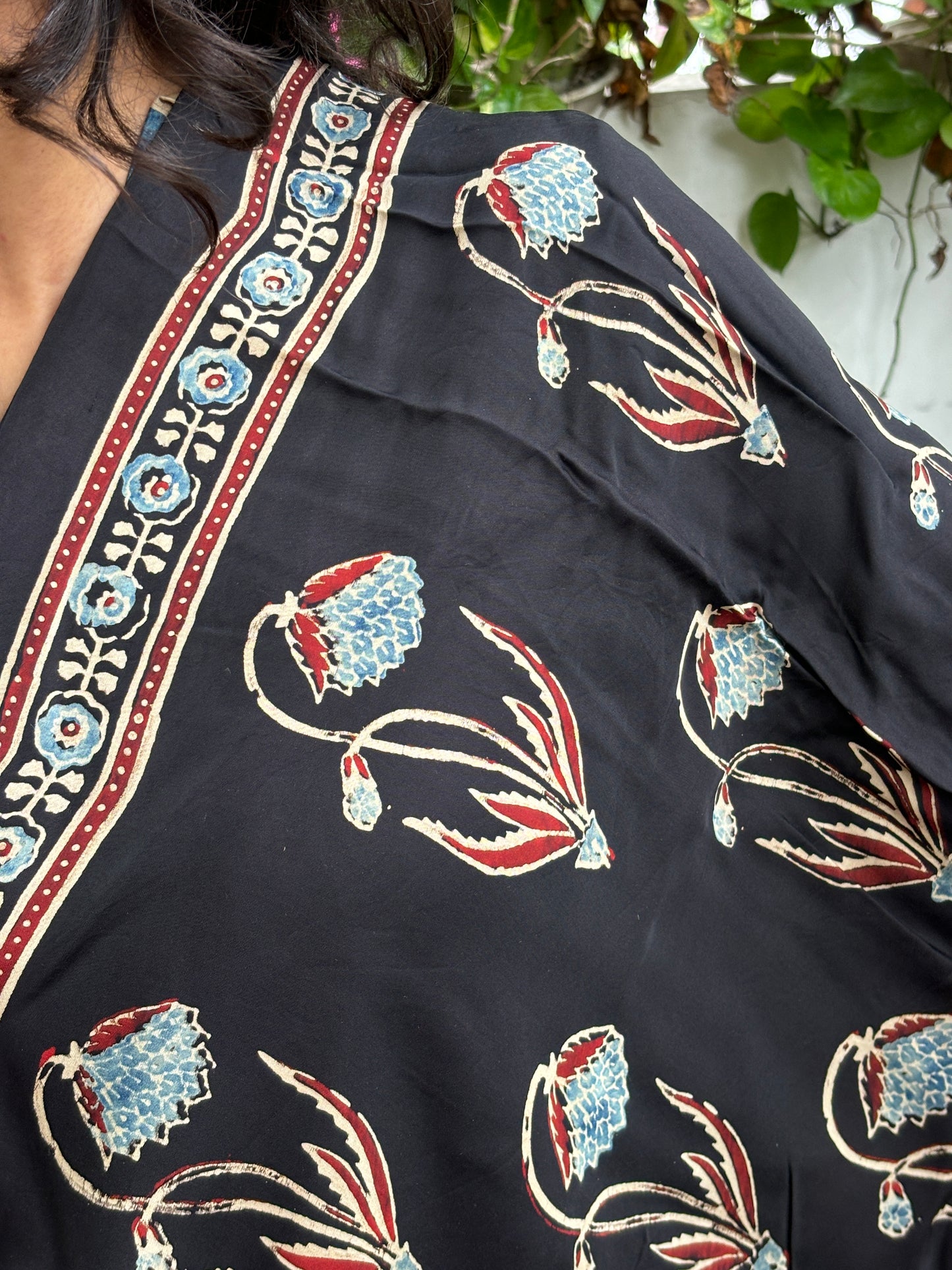 Black Big Floral Stalk Contemporary Dupatta,ajrakh modal black dupatta,closer view.