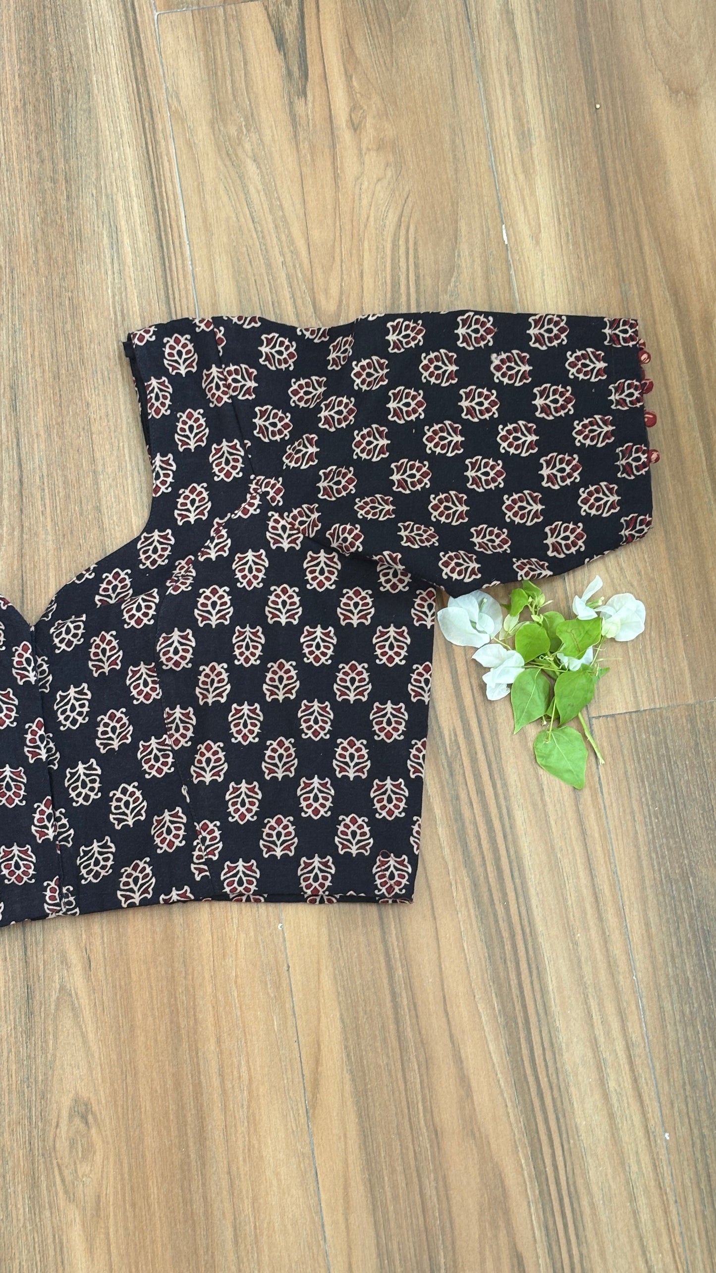 Black Small Floral Motif Cotton Sweetheart Neck Blouse With Cotton Lining -For size chart refer to the last picture