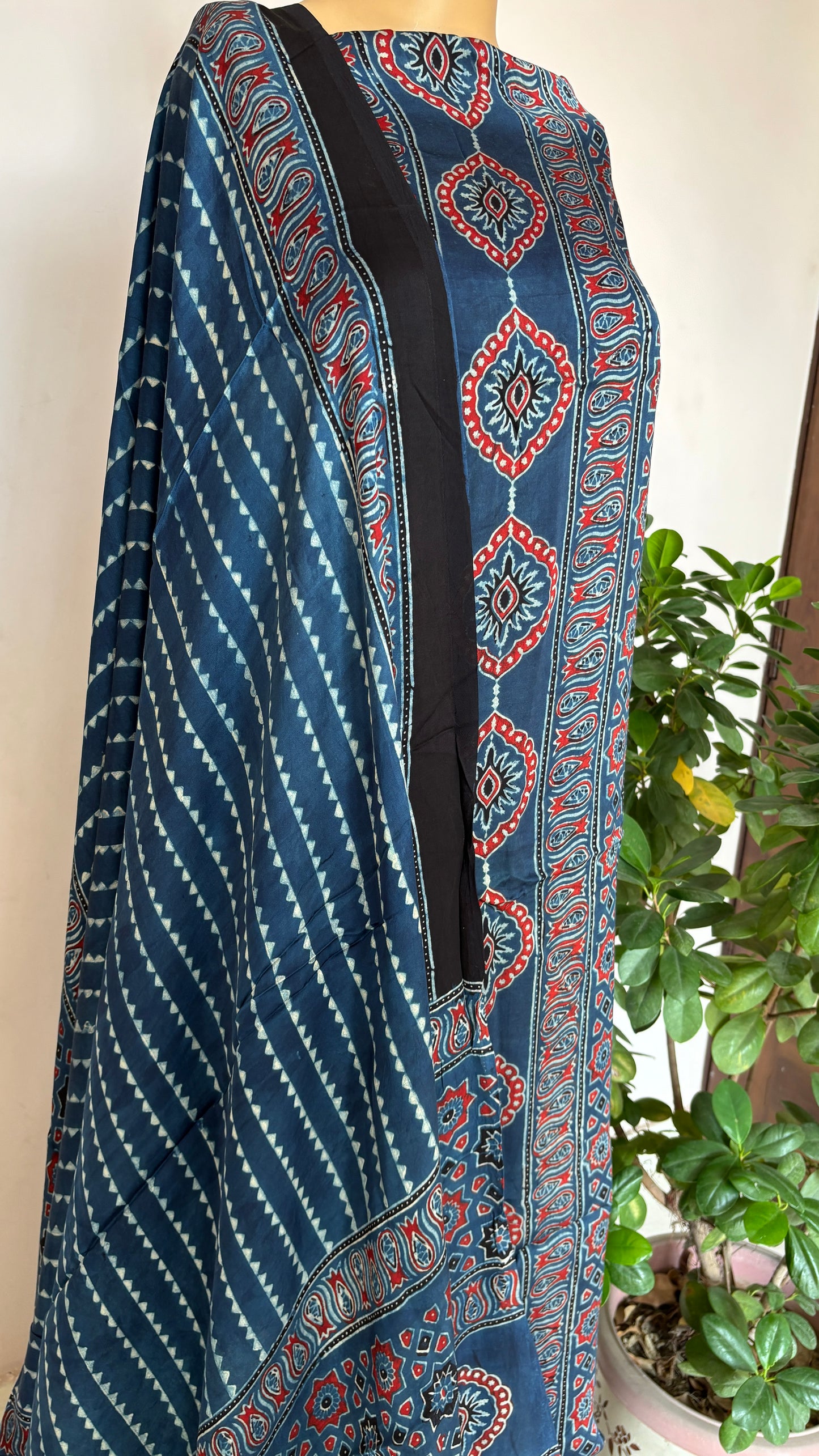 Natural Dyed Ajrakh modal 3 piece suit fabric closer view