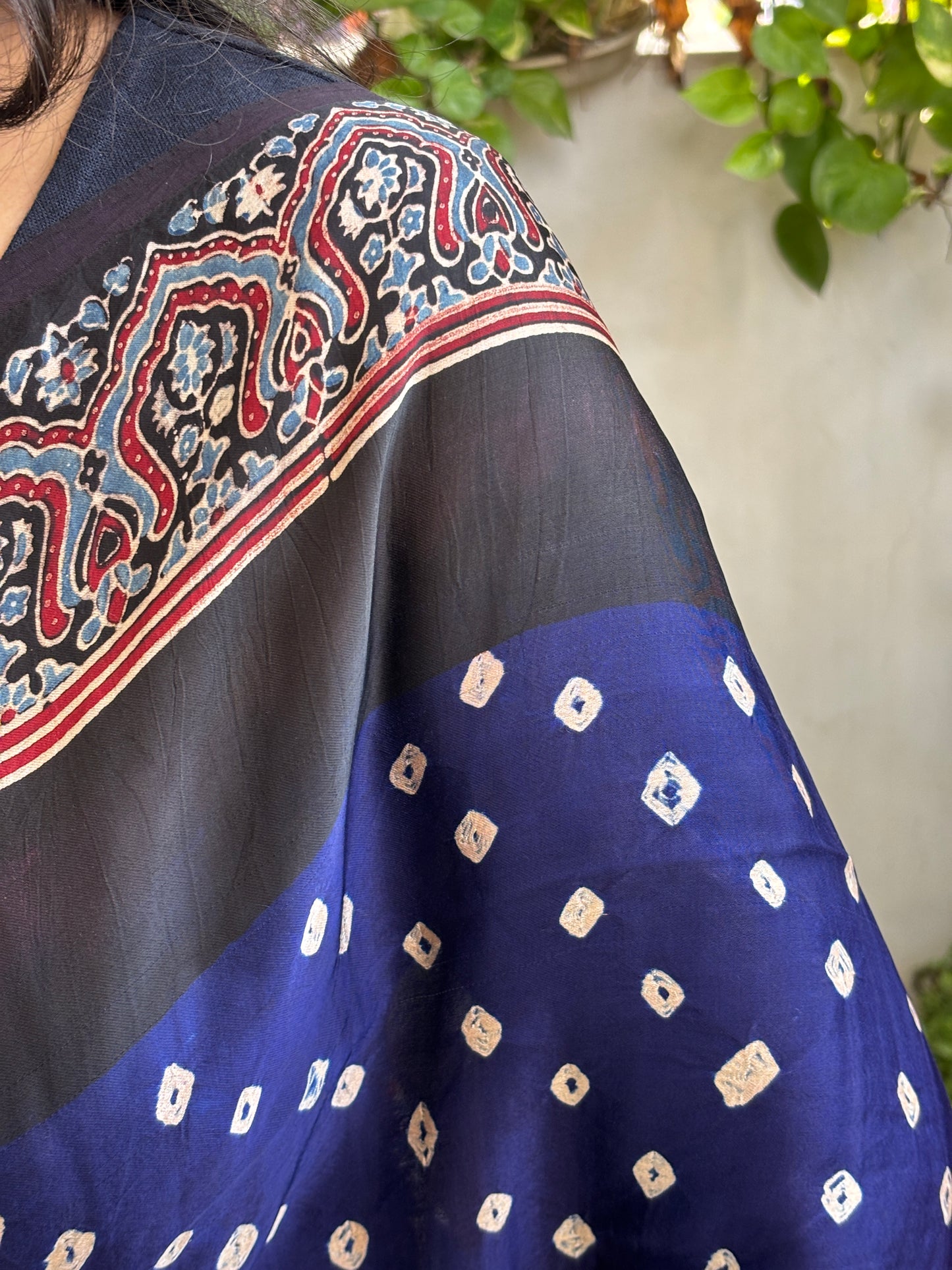 Neela Asman - Hand Bandhej Body and Ajrakh Hand Block Anchal and Border Modal Gaji Silk Saree