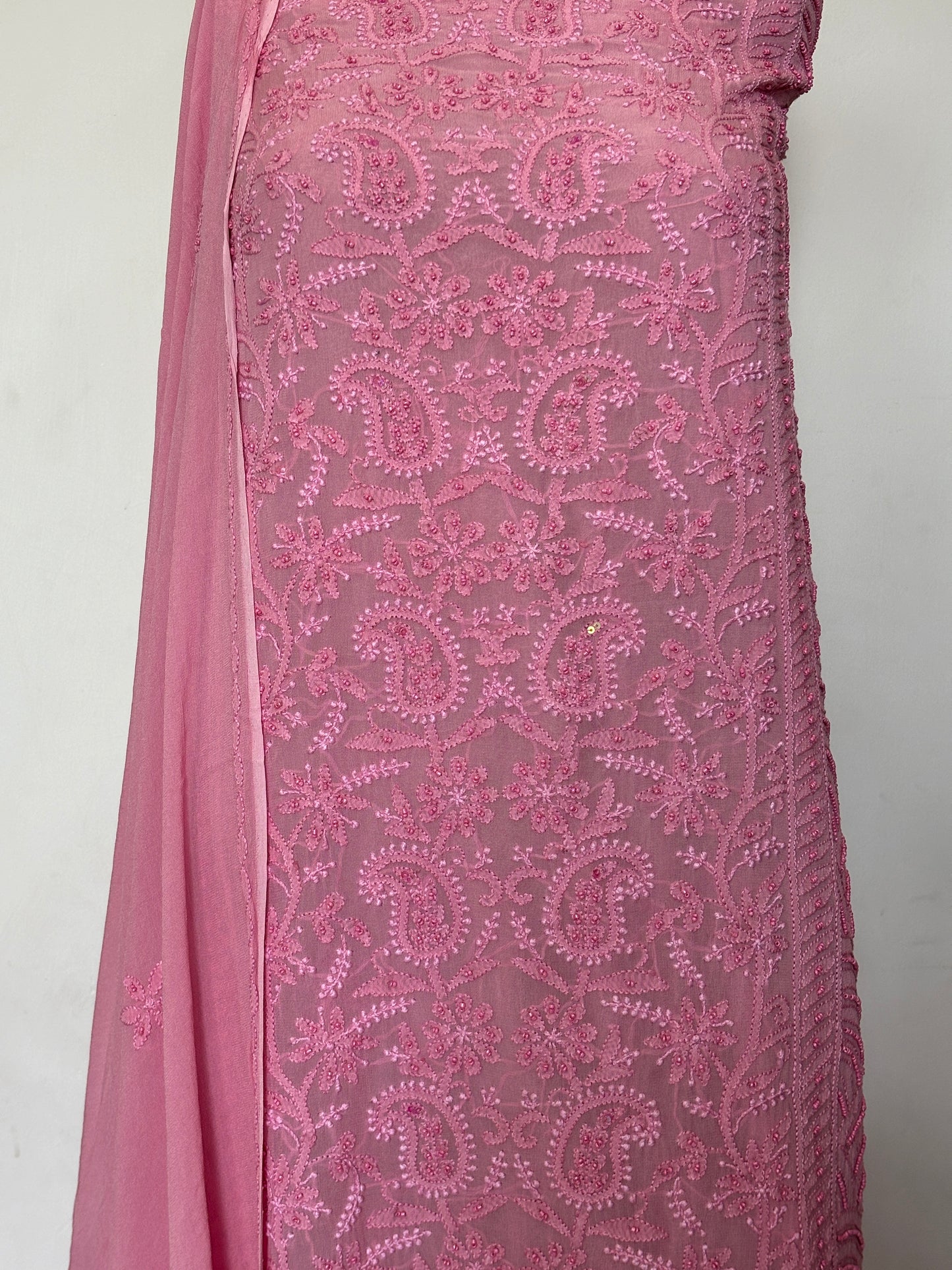 Pink Intricate Chikankari Hand Embroidered Shirt and Dupatta Fabric Adorned With Beads Work