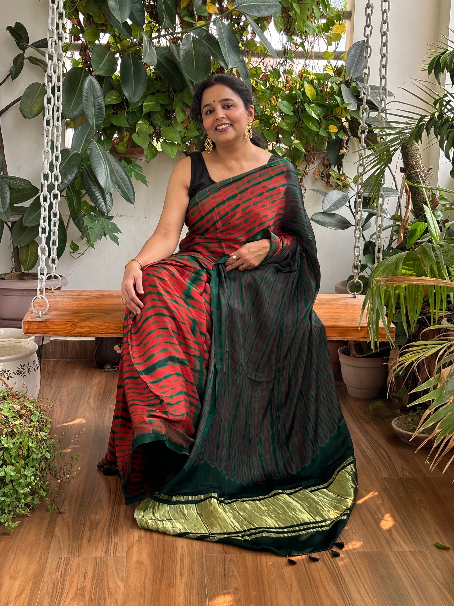 Bamboo Grass - Hand Shibori Tie and Dye Pure Modal Saree With Lakdi Patta Anchal
