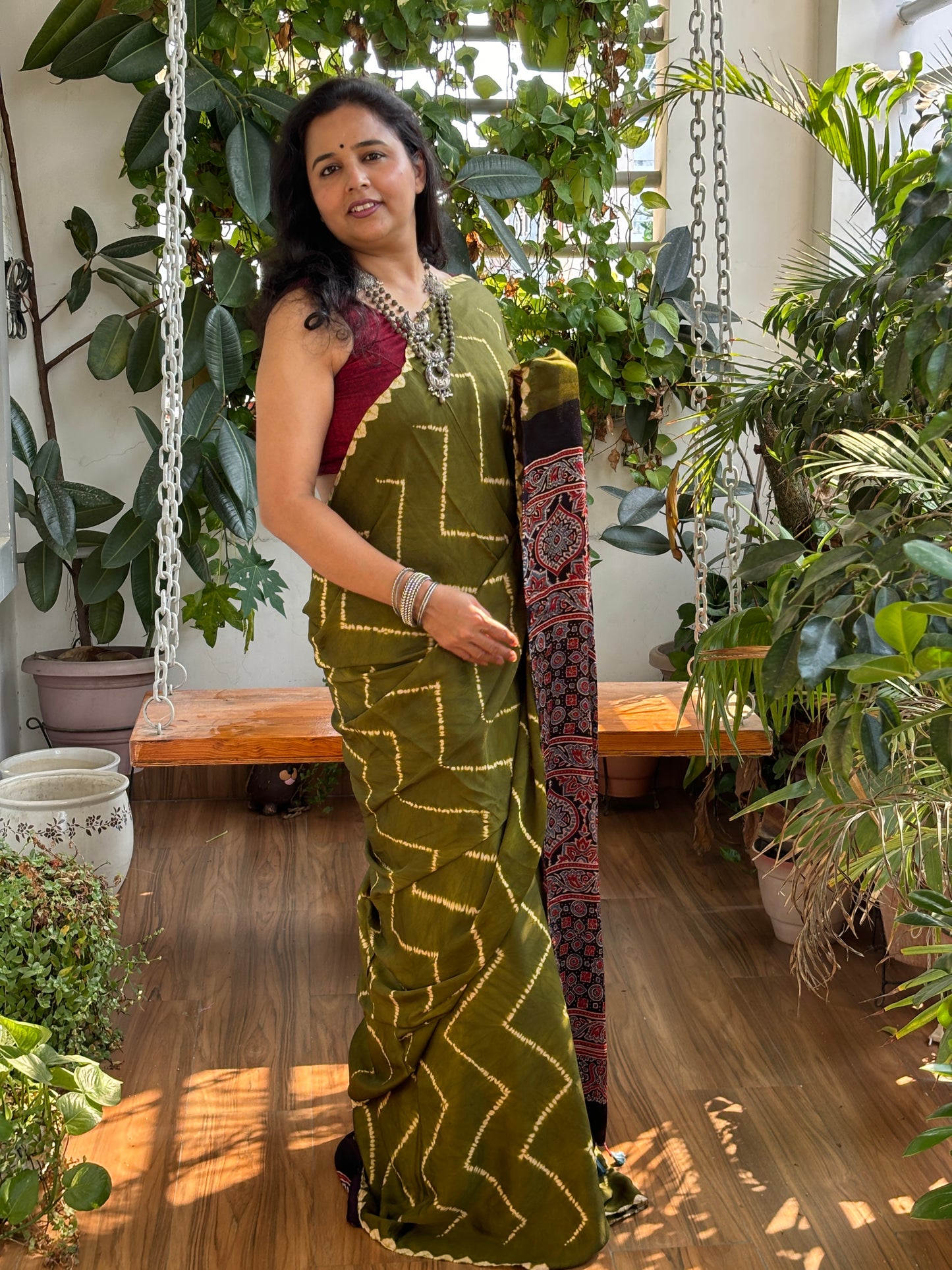 Mehndi Ki Raat - Needle Shibori Tie and Dye Pure Modal Saree With Ajrakh Hand Block Anchal and Blouse