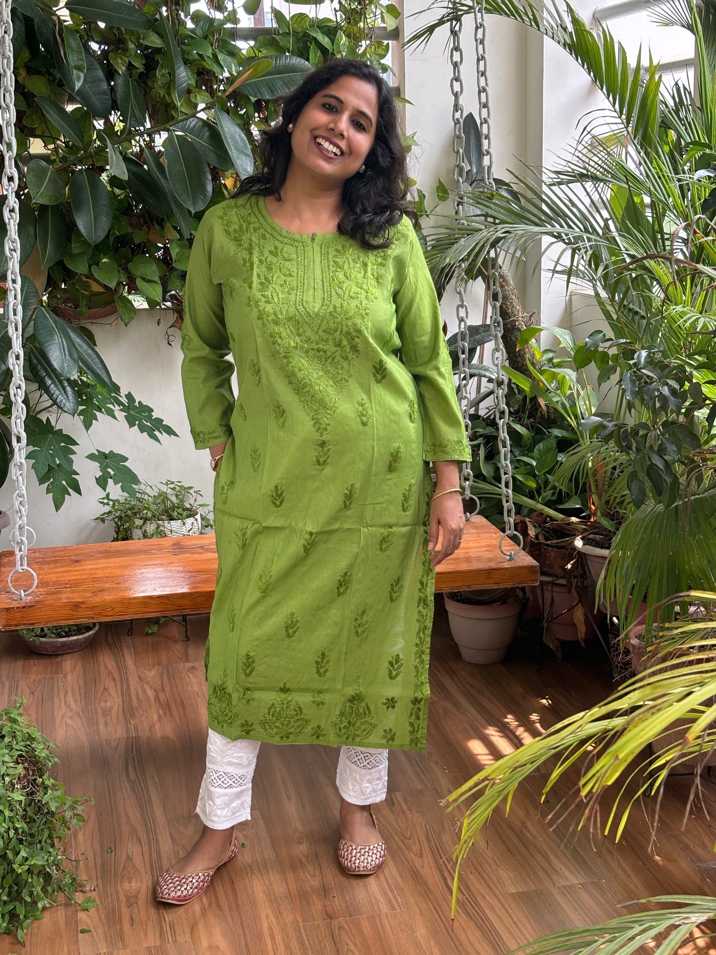 Green Chanderi Chikan Hand Embroidered Kurti