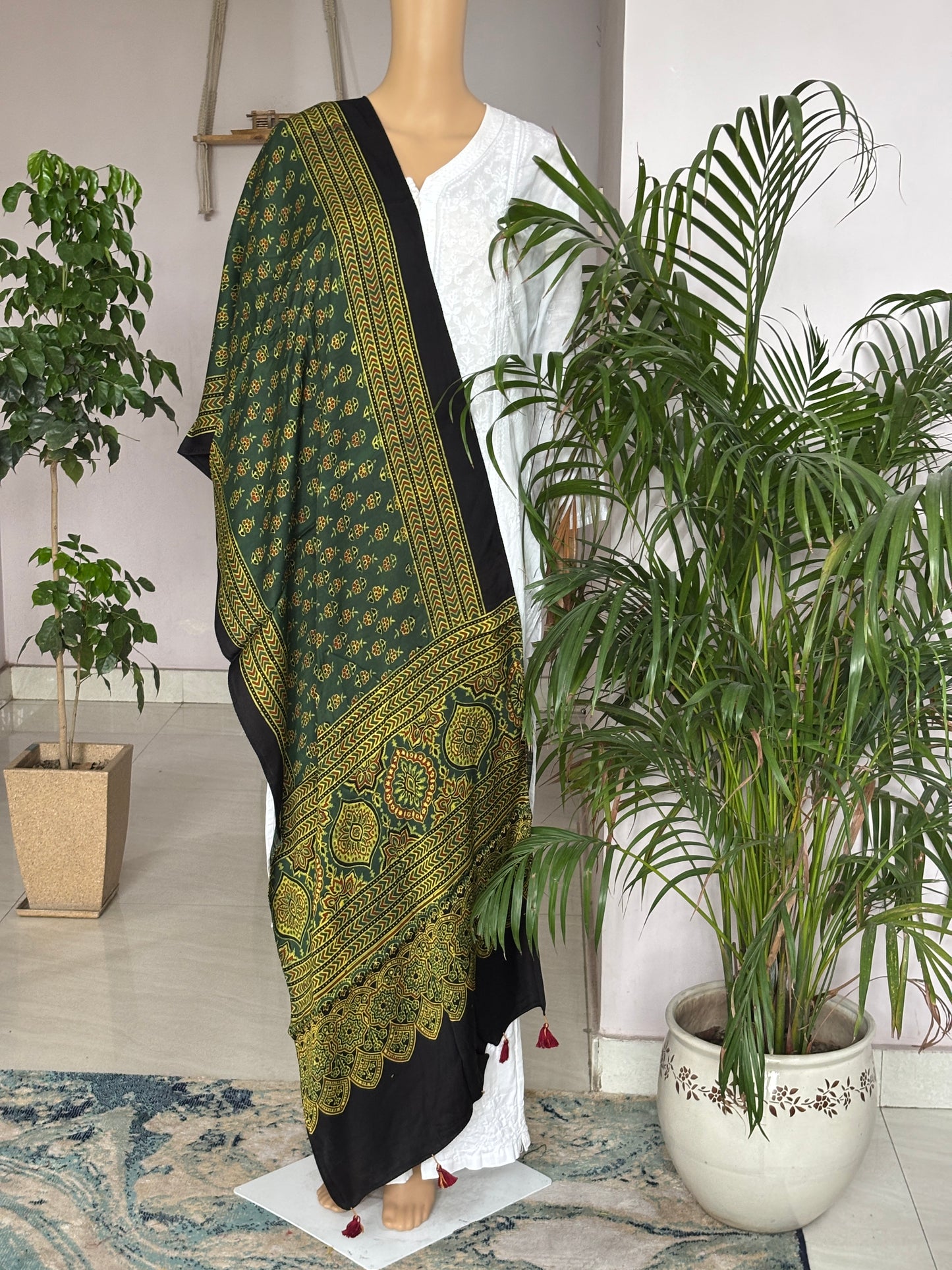 Hara Bhara Natural Dyed Green Colour Ajrakh Modal Stole With Small Floral