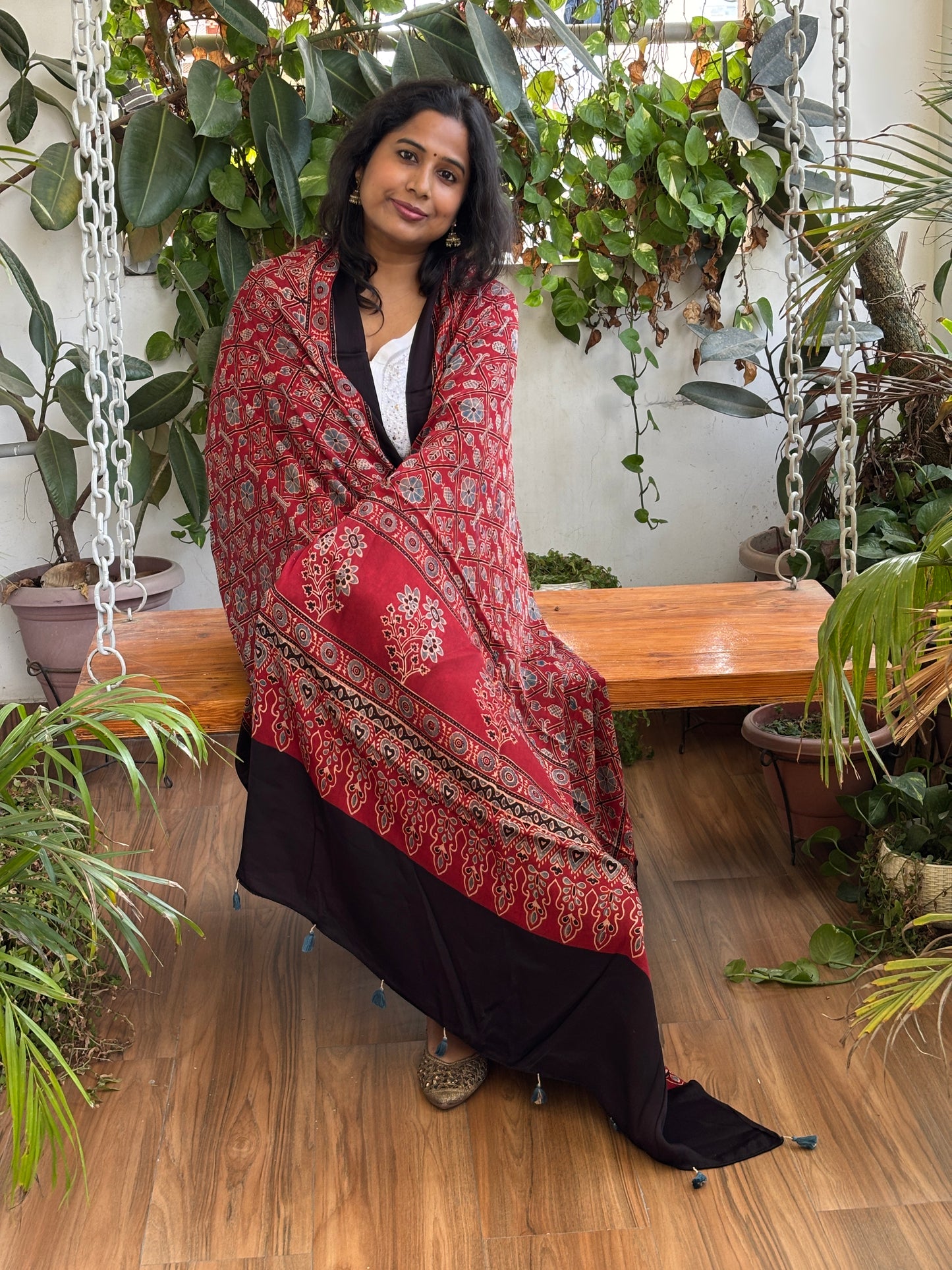 Ajrakh Madder Natural Dyed Modal Dupatta Contemporary Box and Floral Motif Dupatta