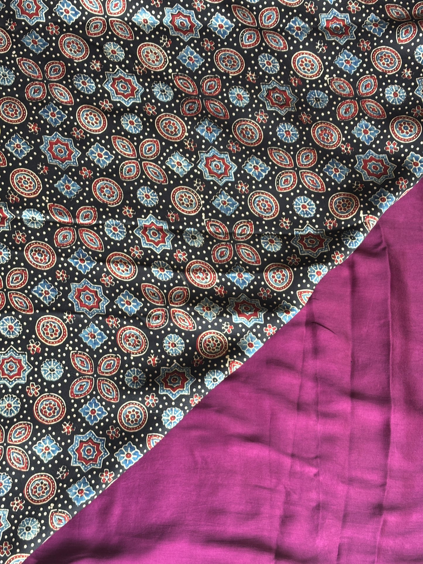 Crushed Berry- Wine Colour Body and Natural Dyed Ajrakh Anchal Premium Modal Saree