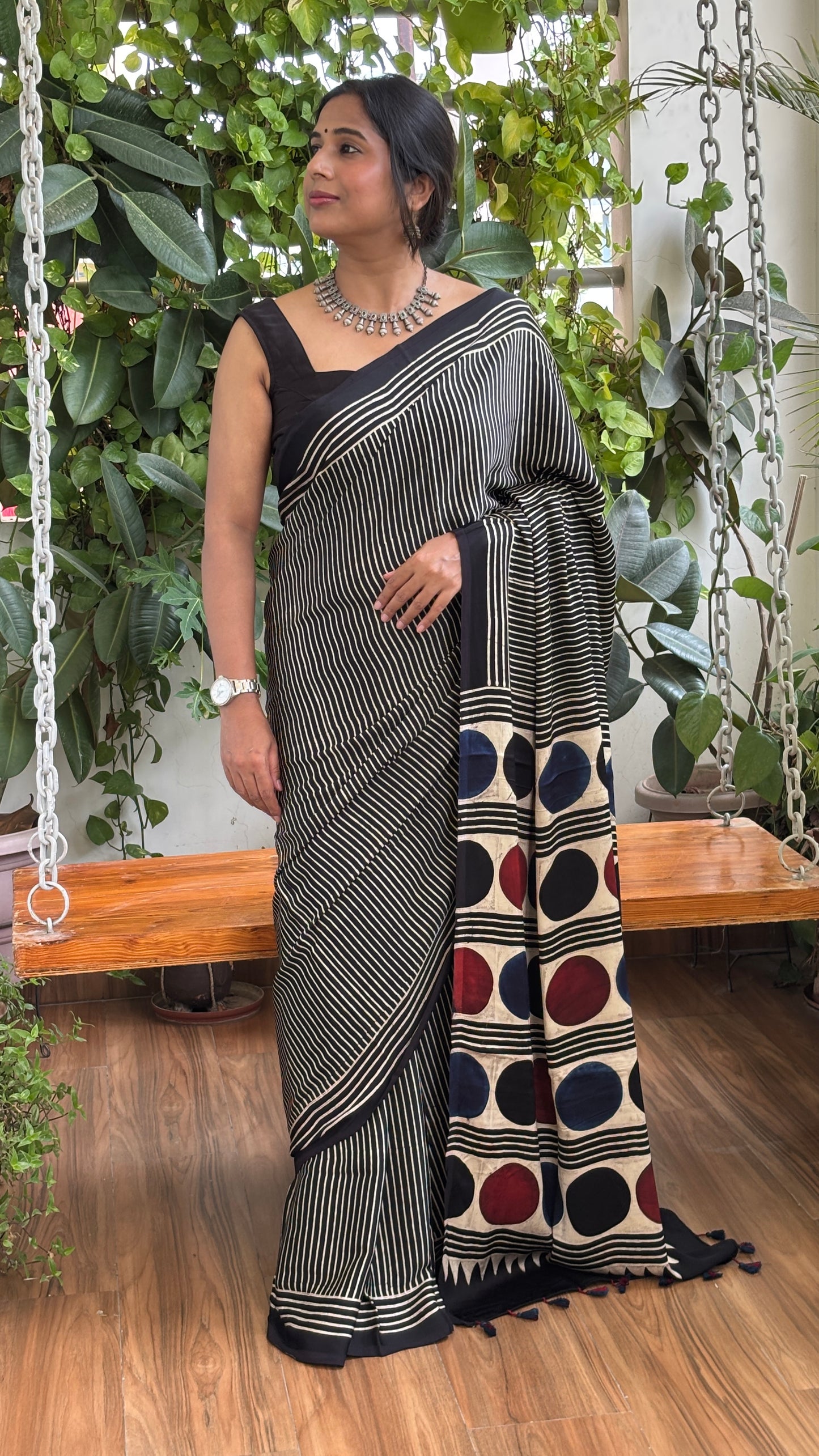 Bubbly - Natural Dyed Black and Pale Ivory Stripe Ajrakh Modal Saree with Contemporary Palla