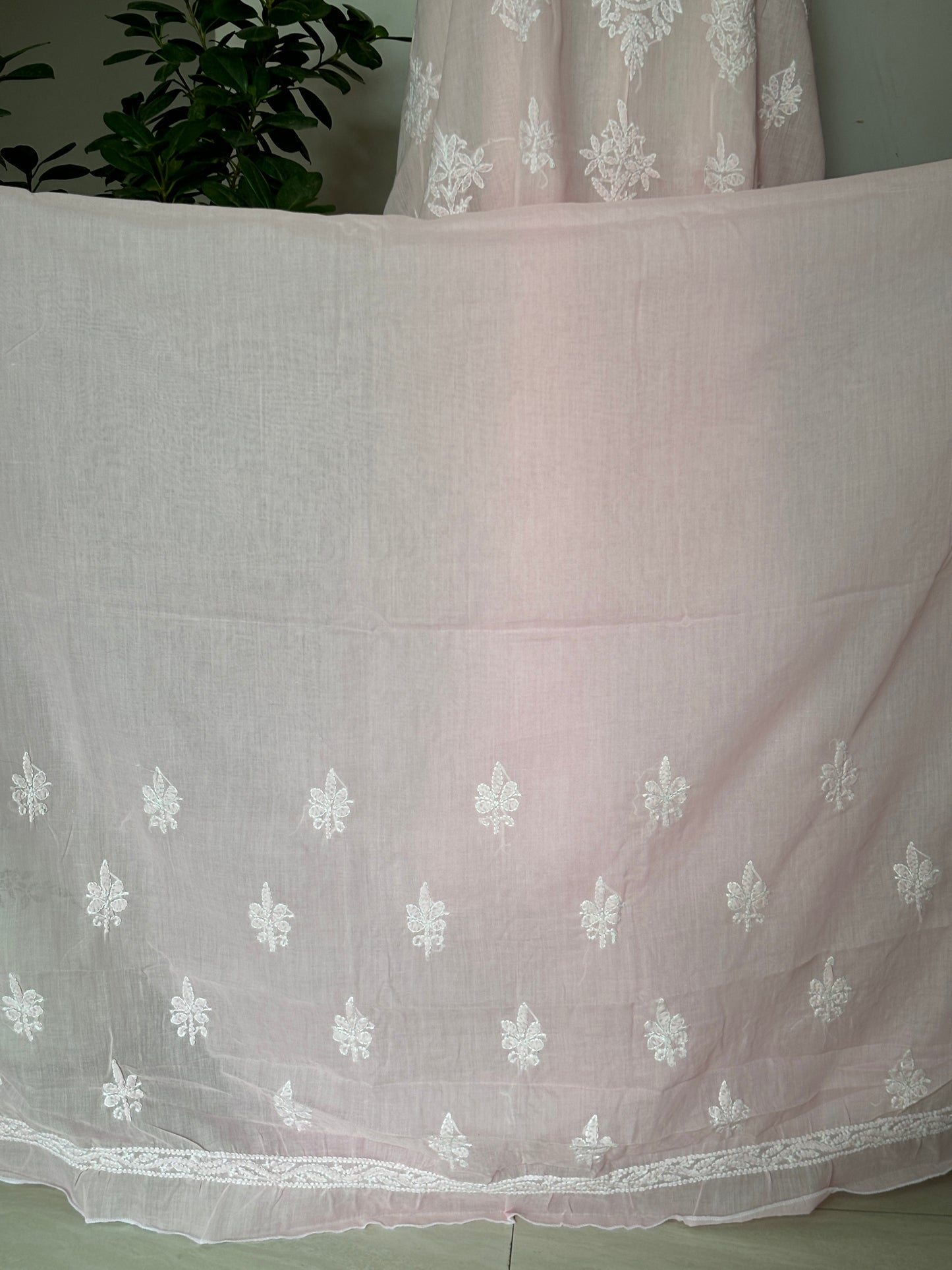 Baby Pink Pink Chikankari Hand Embroidered Shirt and Bottom with Chiffon Dupatta