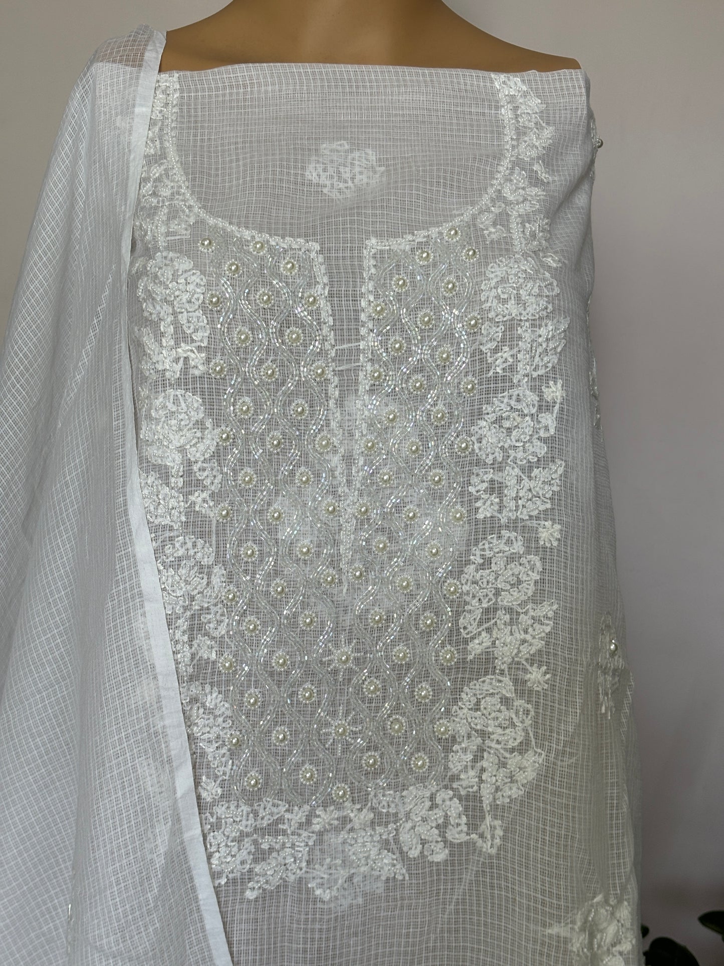 White Intricate Chikankari Hand Embroidered Shirt with Pearl and Cutdana Work on Pure Cotton Kota Fabric